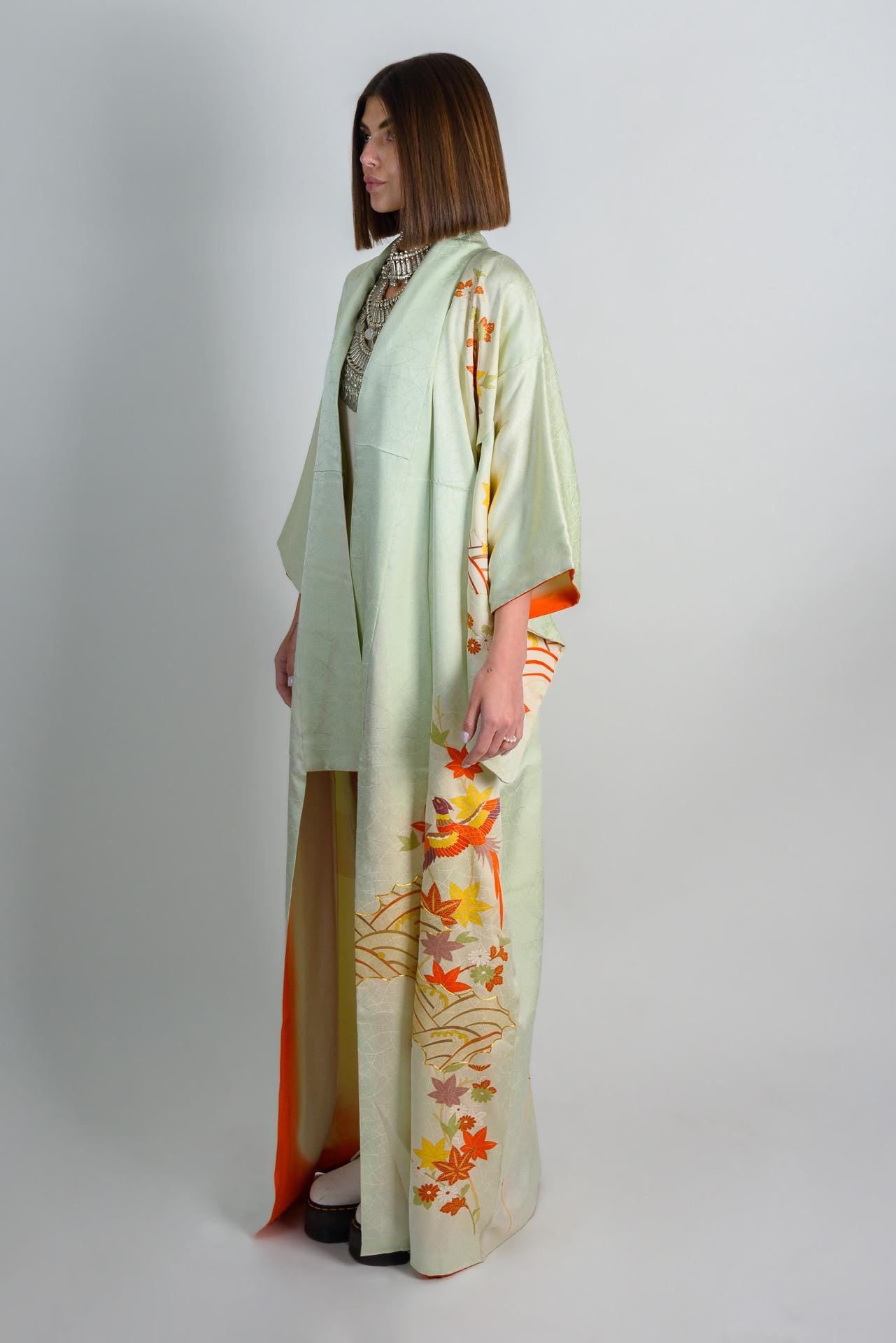 Handmade Silk Kimono | Embroidered Phoenix & Maple Leaf, Celadon Green