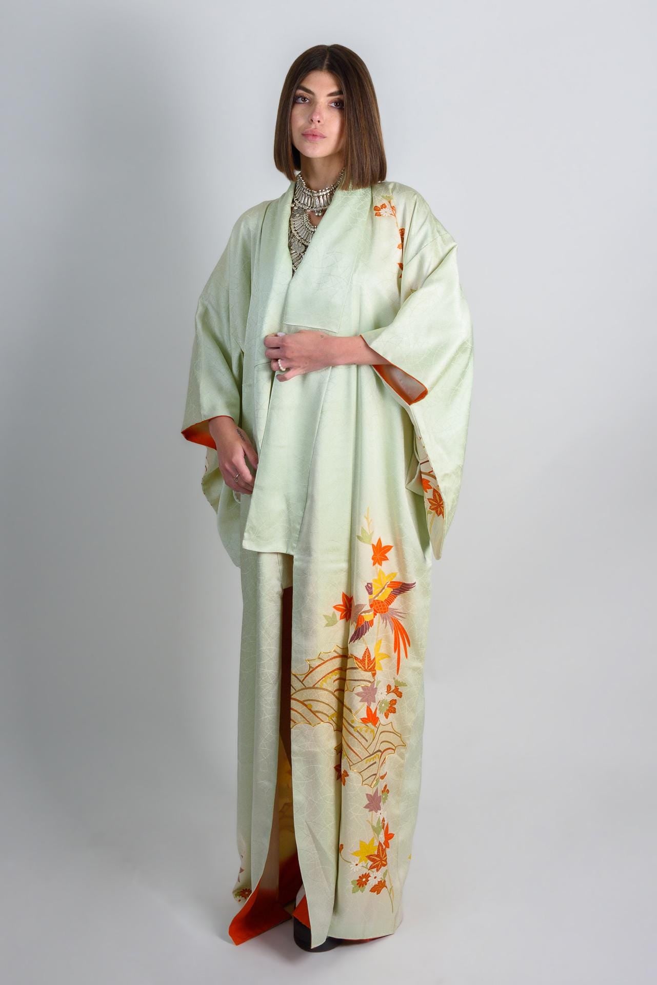 Handmade Silk Kimono | Embroidered Phoenix & Maple Leaf, Celadon Green