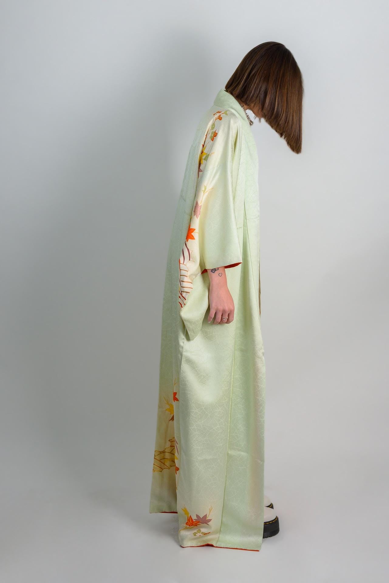 Handmade Silk Kimono | Embroidered Phoenix & Maple Leaf, Celadon Green