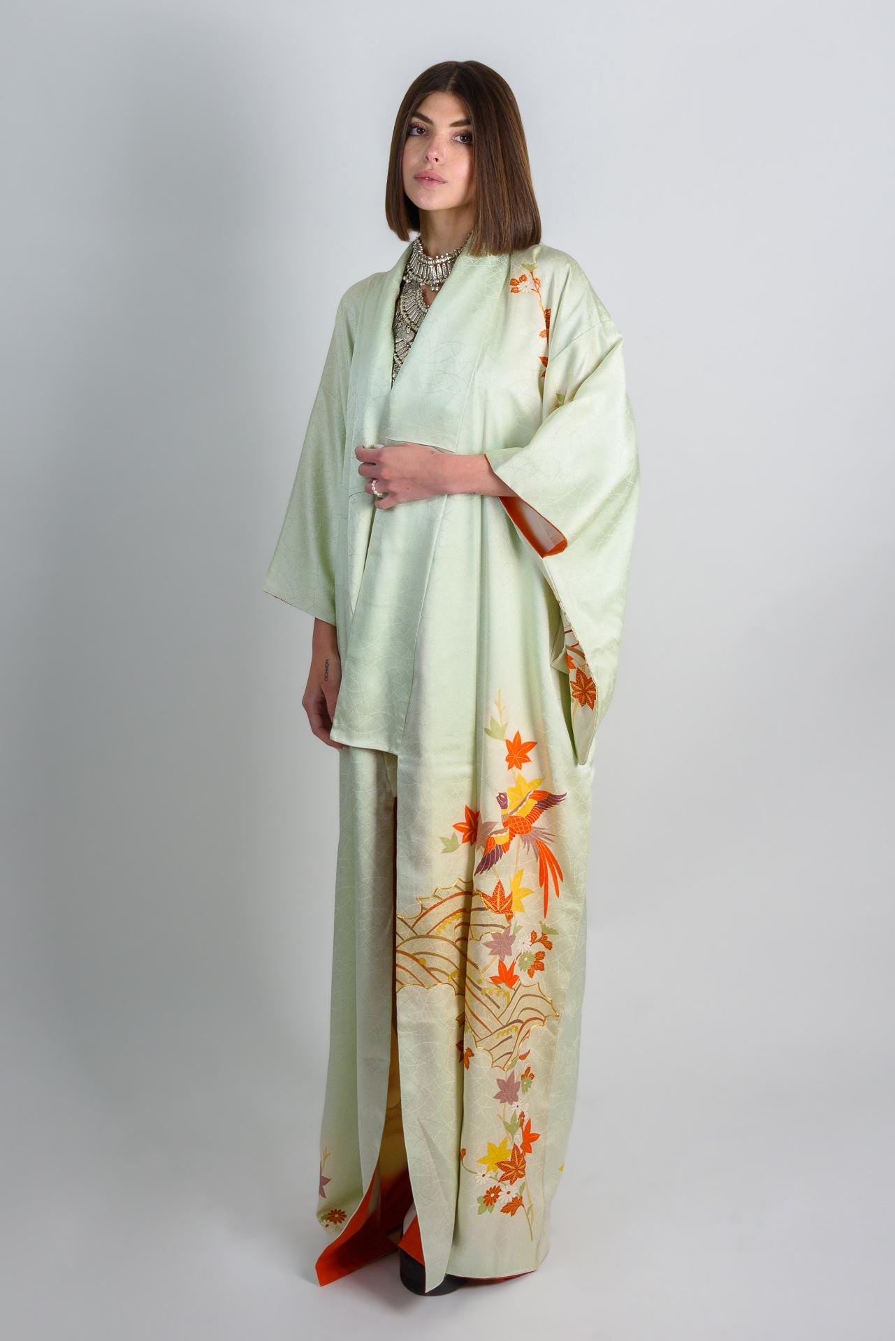 Handmade Silk Kimono | Embroidered Phoenix & Maple Leaf, Celadon Green
