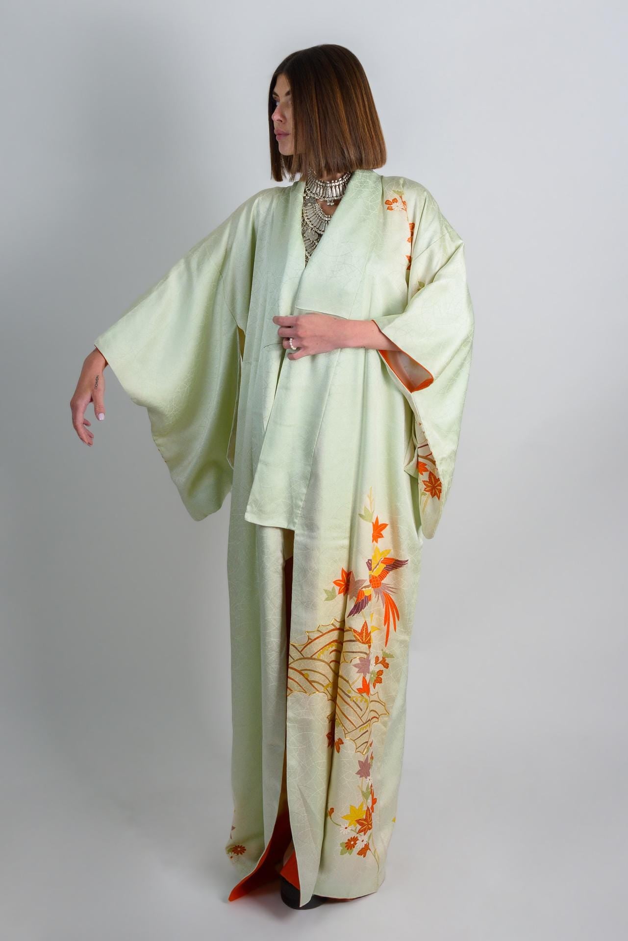 Handmade Silk Kimono | Embroidered Phoenix & Maple Leaf, Celadon Green