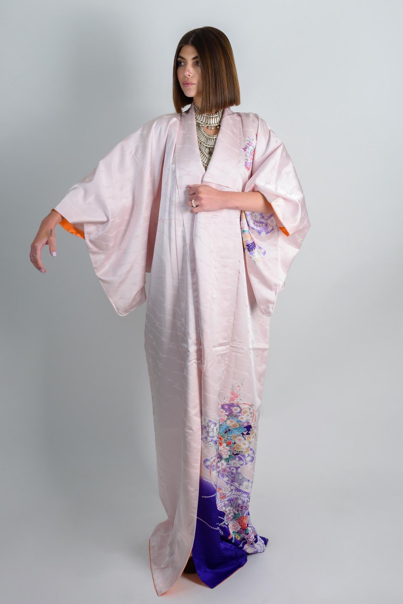 Handmade Silk Kimono Robe: Royal Bloom Storm, Japanese Fashion