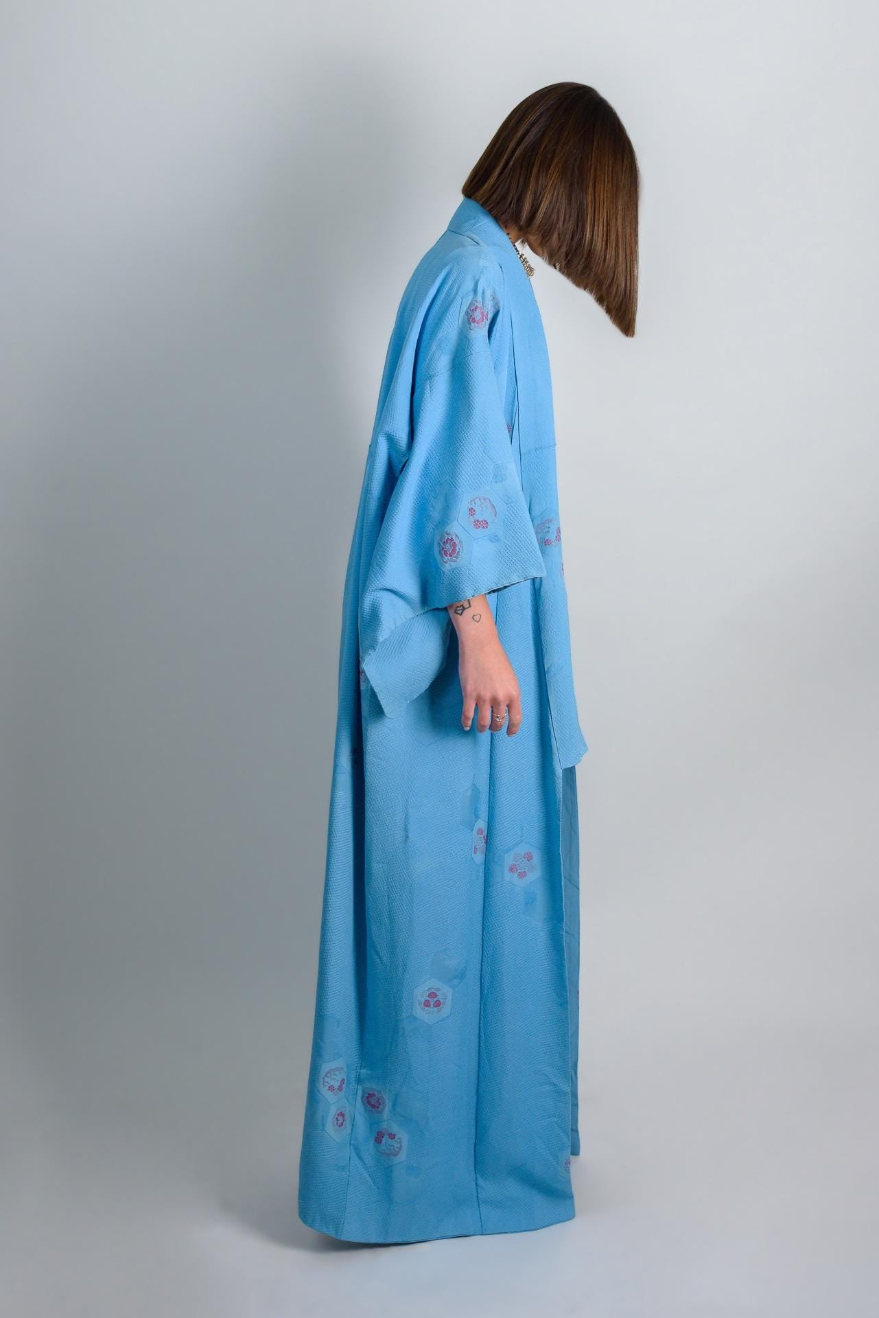 Handmade Silk Kimono Robe: Japanese Temari Design, Sky Blue