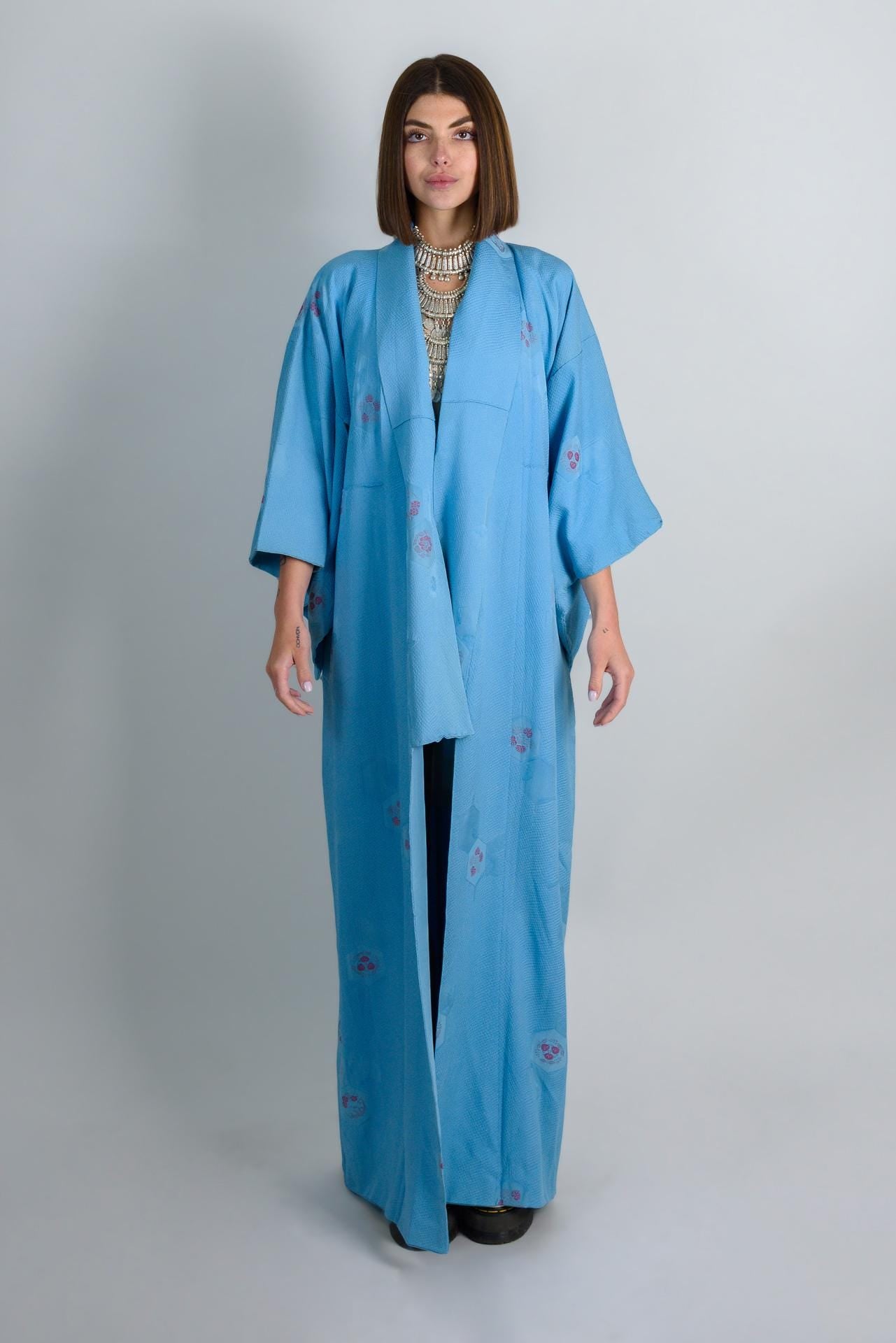 Handmade Silk Kimono Robe: Japanese Temari Design, Sky Blue