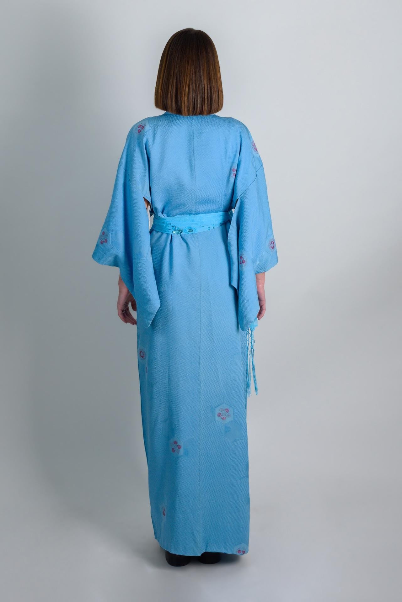 Handmade Silk Kimono Robe: Japanese Temari Design, Sky Blue