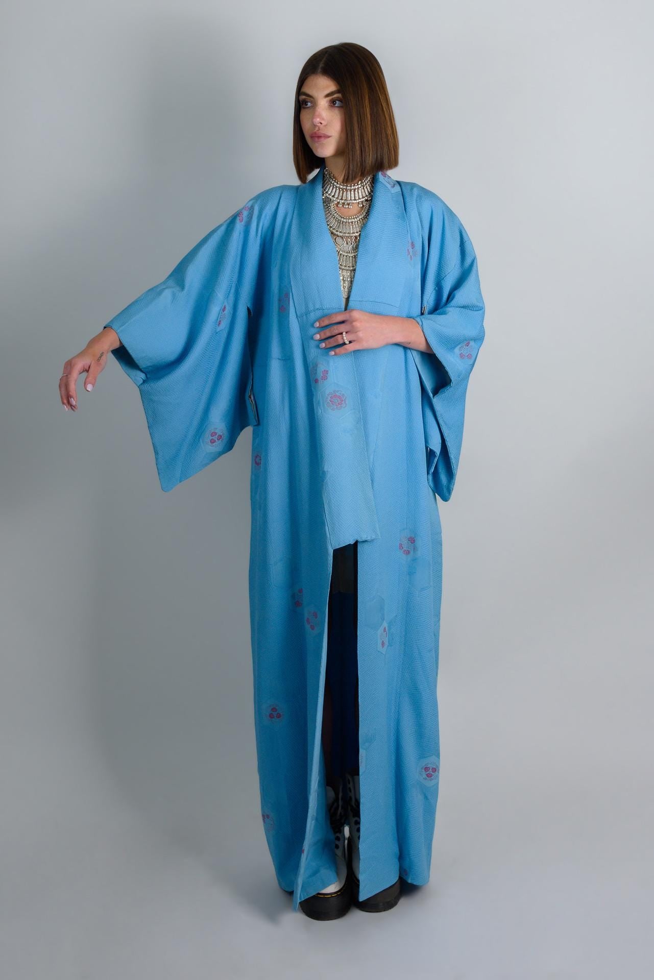 Handmade Silk Kimono Robe: Japanese Temari Design, Sky Blue