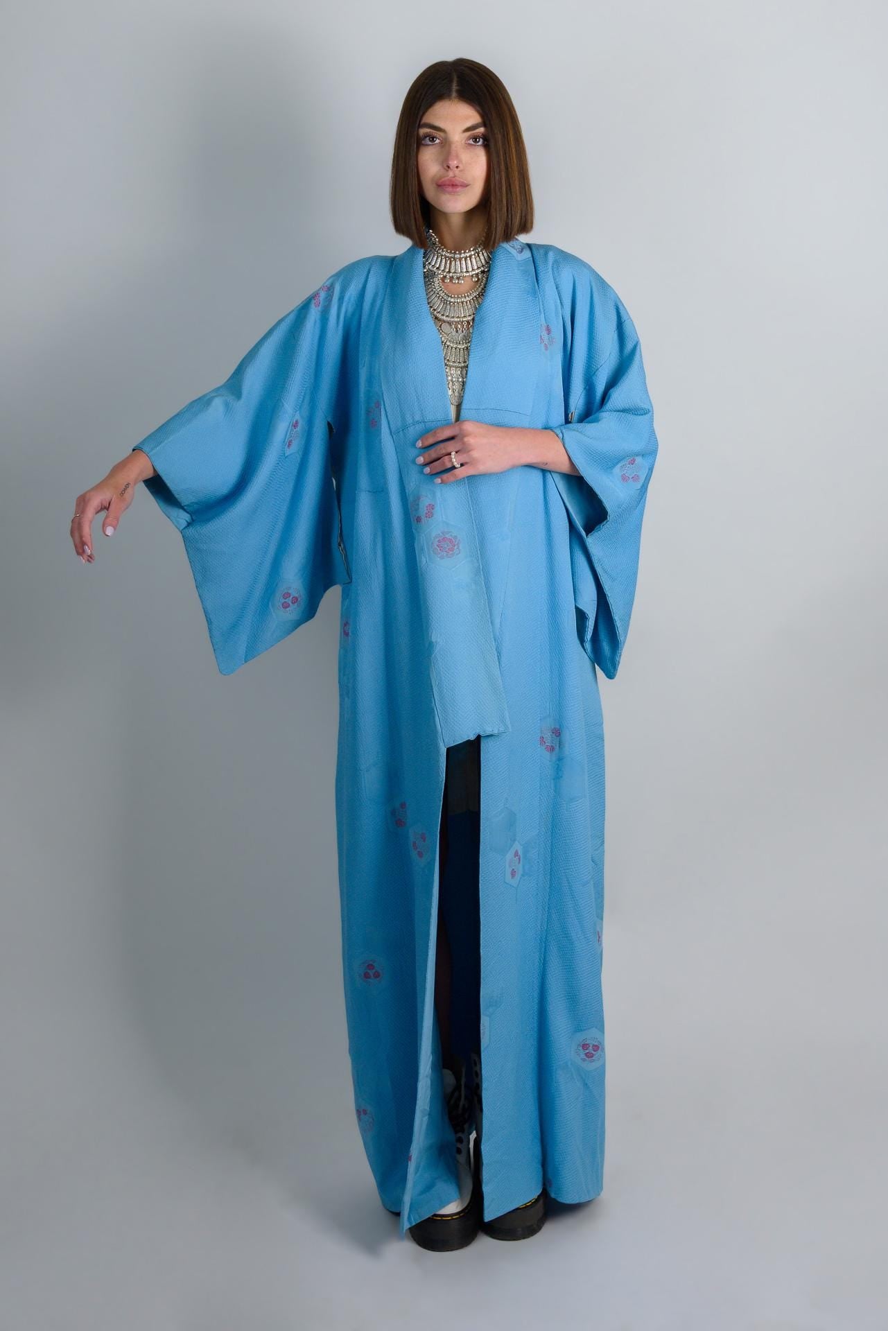 Handmade Silk Kimono Robe: Japanese Temari Design, Sky Blue