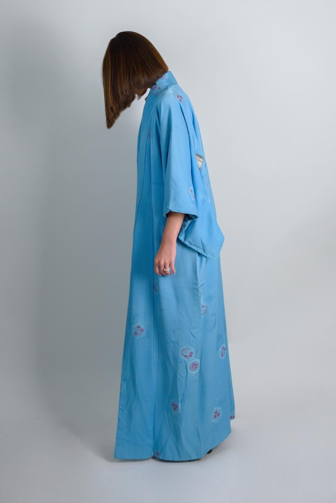 Handmade Silk Kimono Robe: Japanese Temari Design, Sky Blue