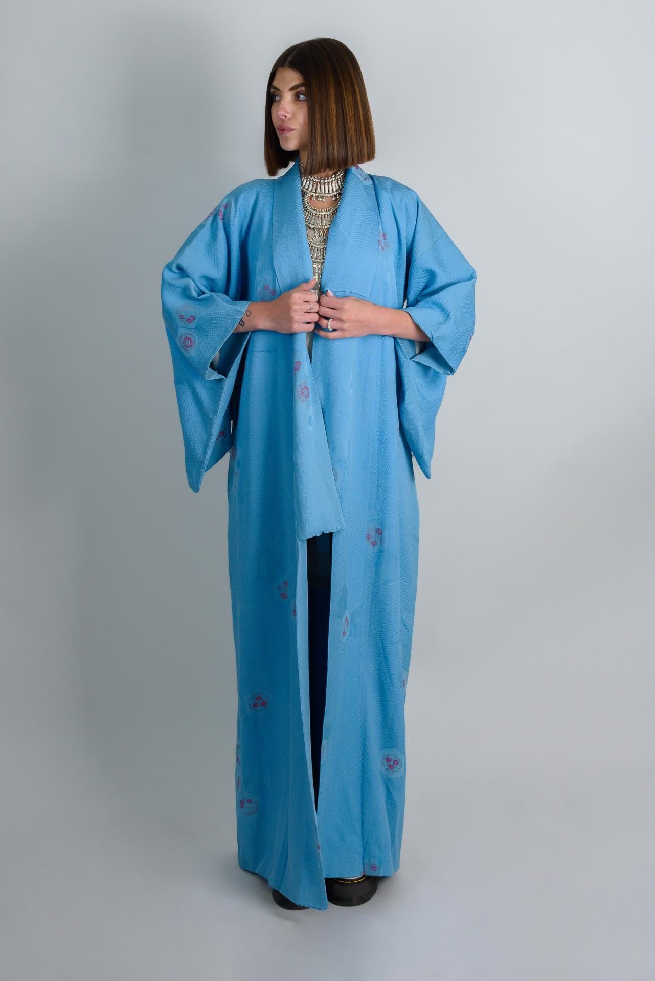 Handmade Silk Kimono Robe: Japanese Temari Design, Sky Blue