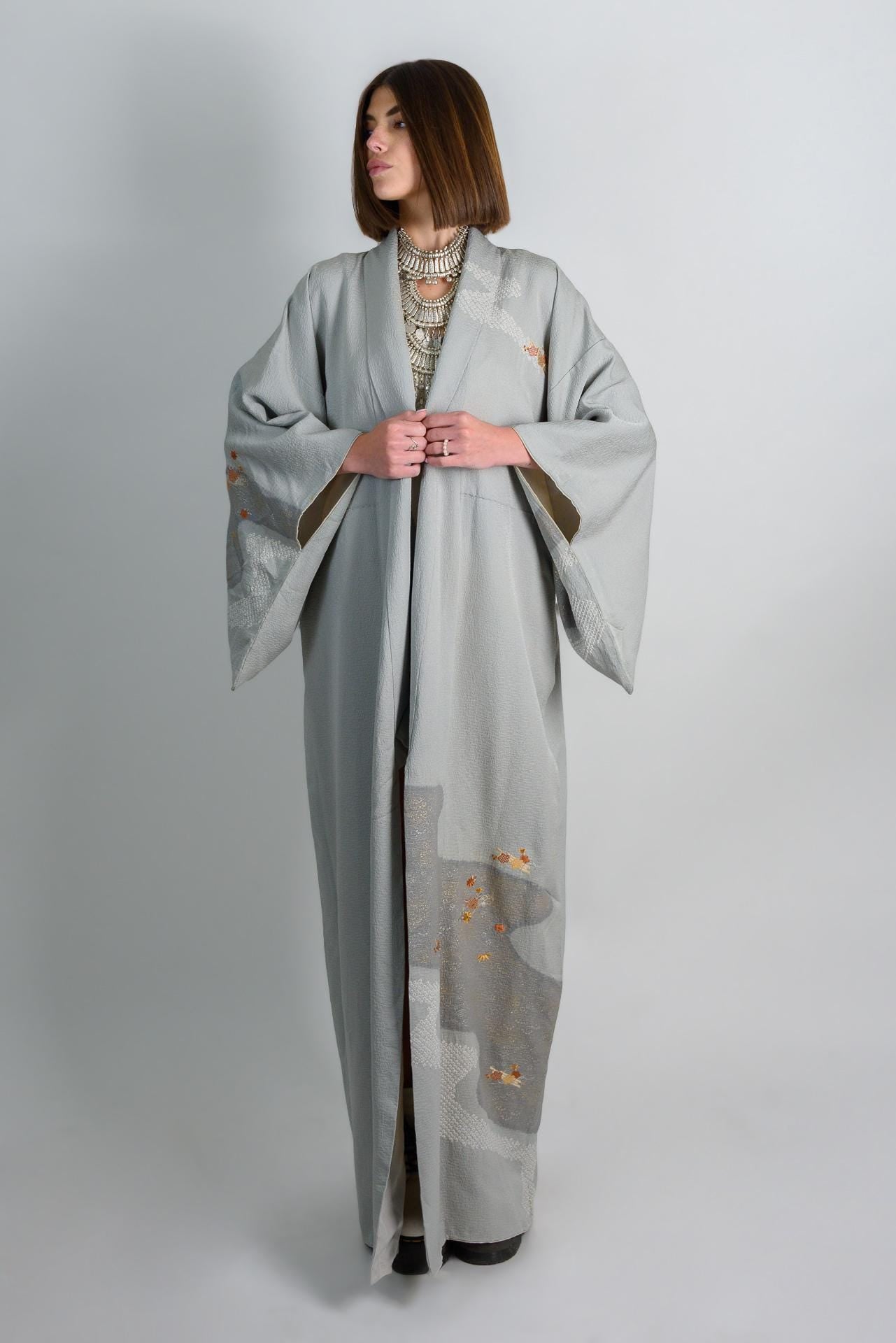 Handmade Silk Kimono Robe: Japanese Maple Leaf Design