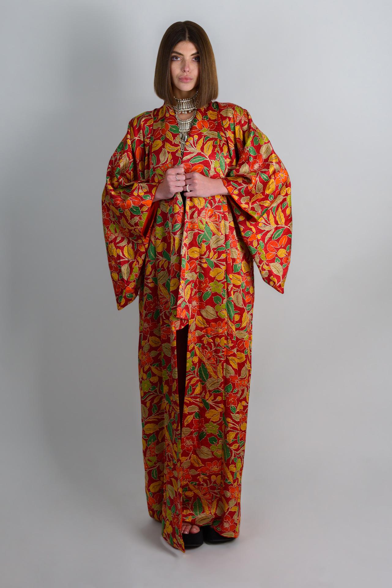 Handmade Silk Kimono: Vibrant Floral Print Boho Robe