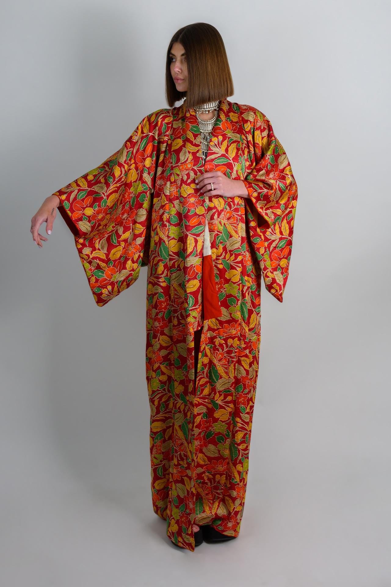 Handmade Silk Kimono: Vibrant Floral Print Boho Robe