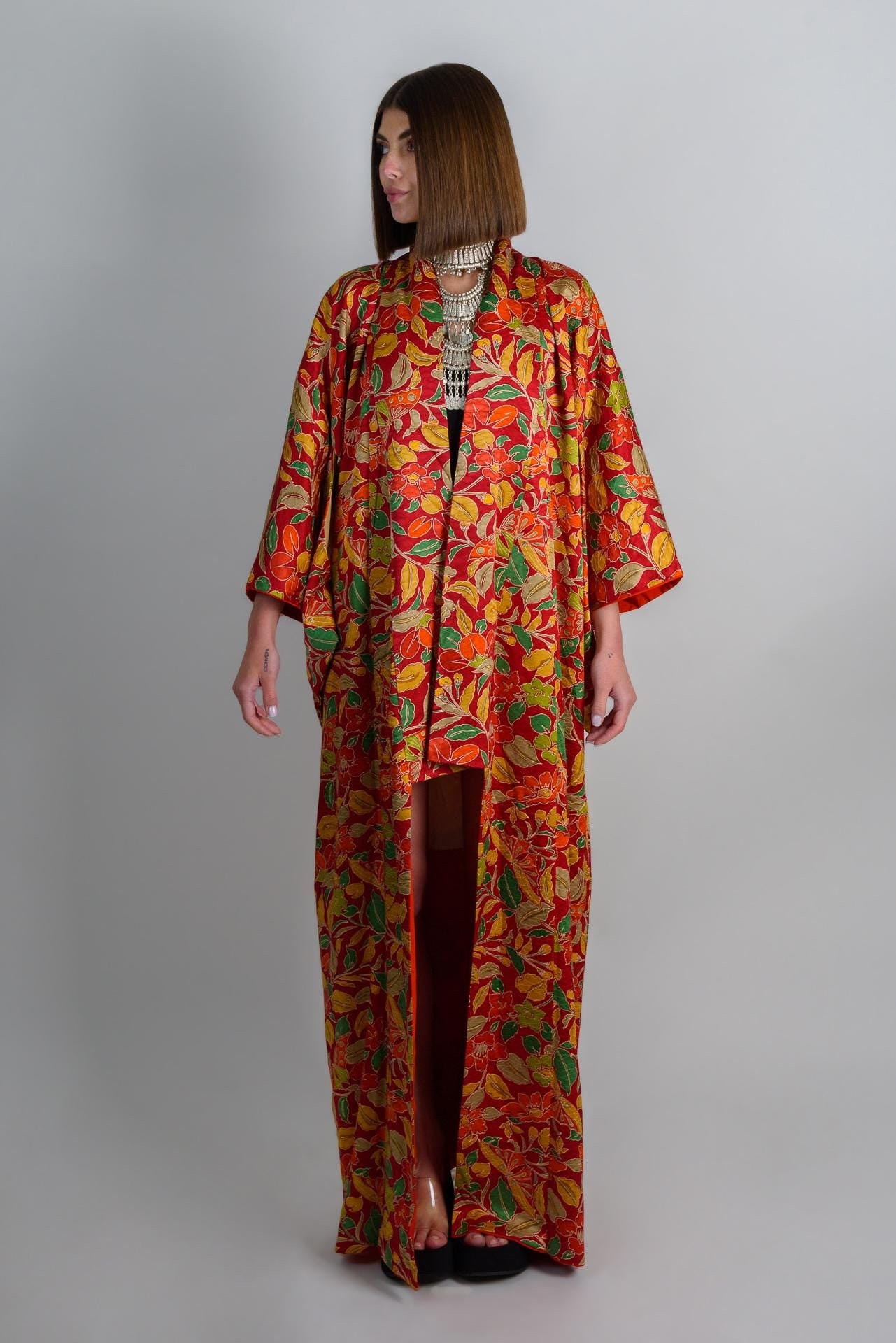 Handmade Silk Kimono: Vibrant Floral Print Boho Robe
