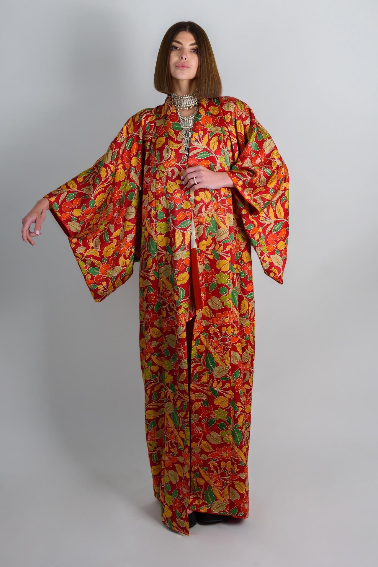 Handmade Silk Kimono: Vibrant Floral Print Boho Robe
