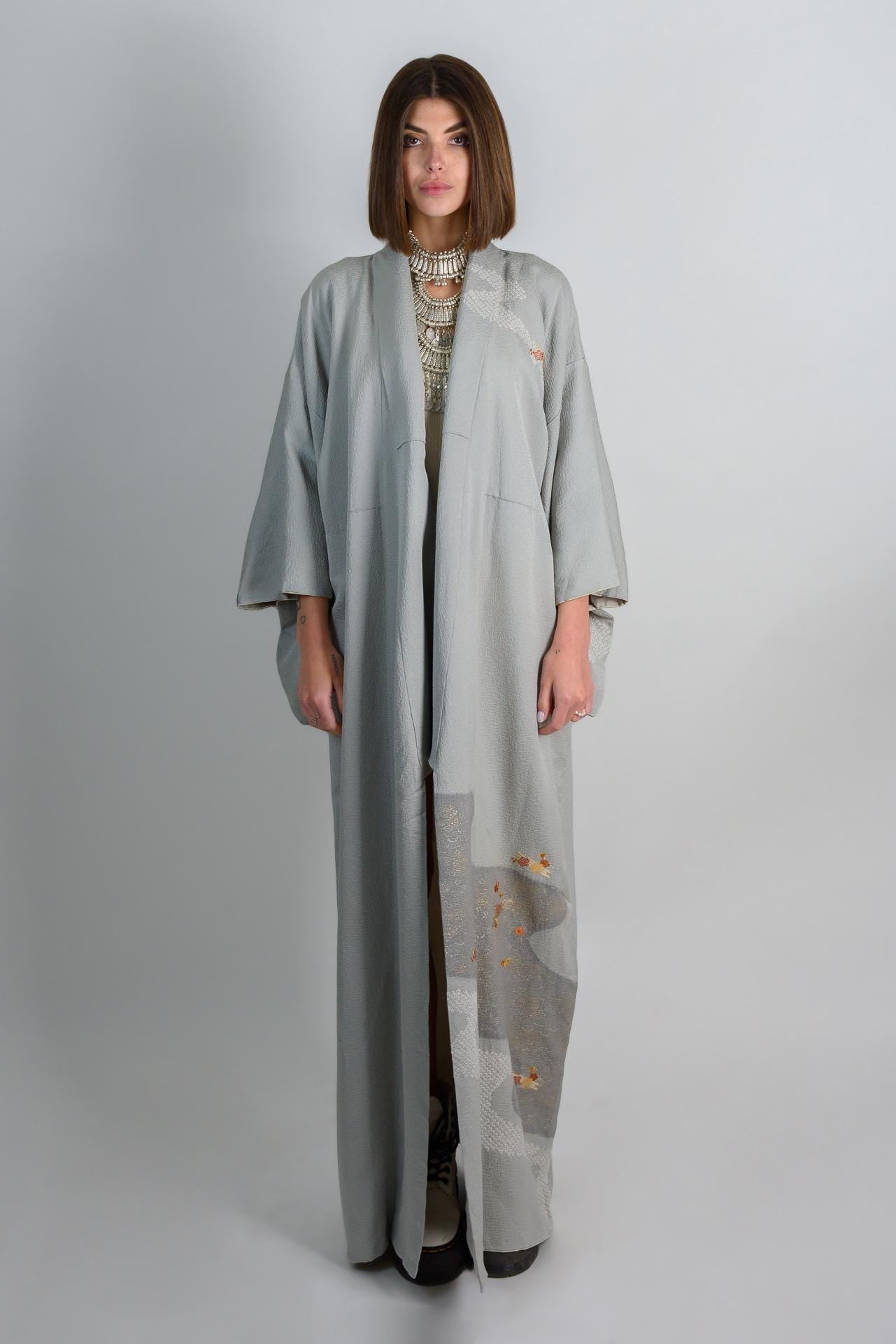 Handmade Silk Kimono Robe: Japanese Maple Leaf Design