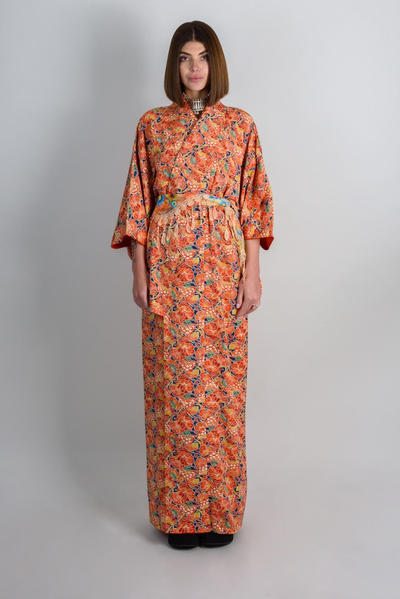 Handmade Silk Kimono | Japanese Floral Robe, Vibrant Orange