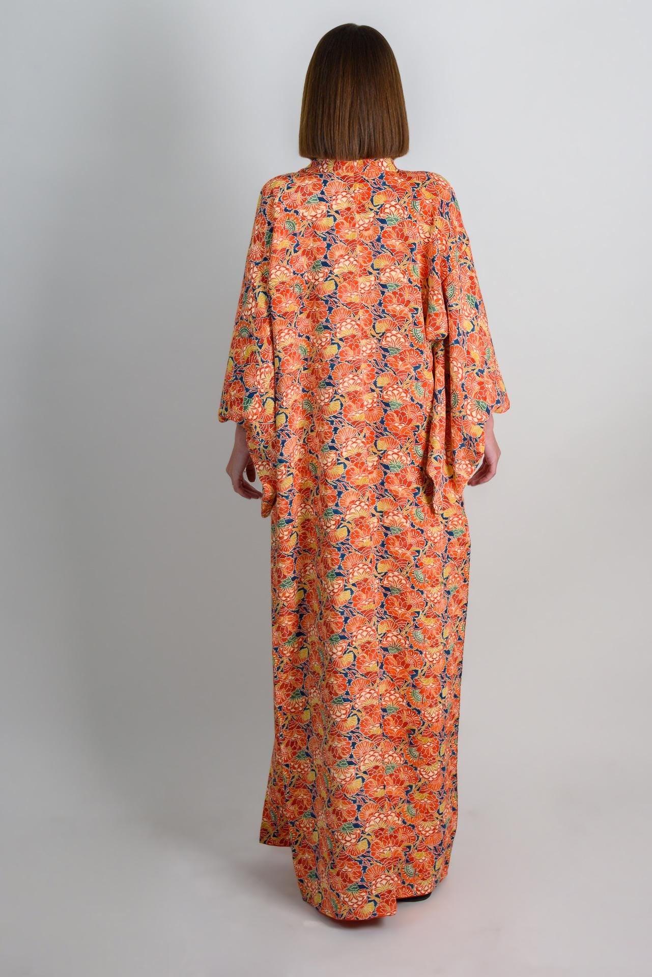 Handmade Silk Kimono | Japanese Floral Robe, Vibrant Orange