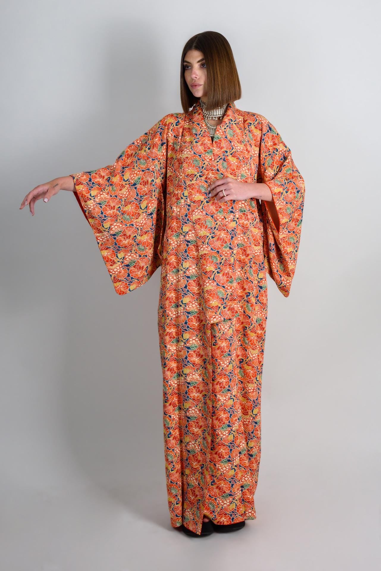 Handmade Silk Kimono | Japanese Floral Robe, Vibrant Orange