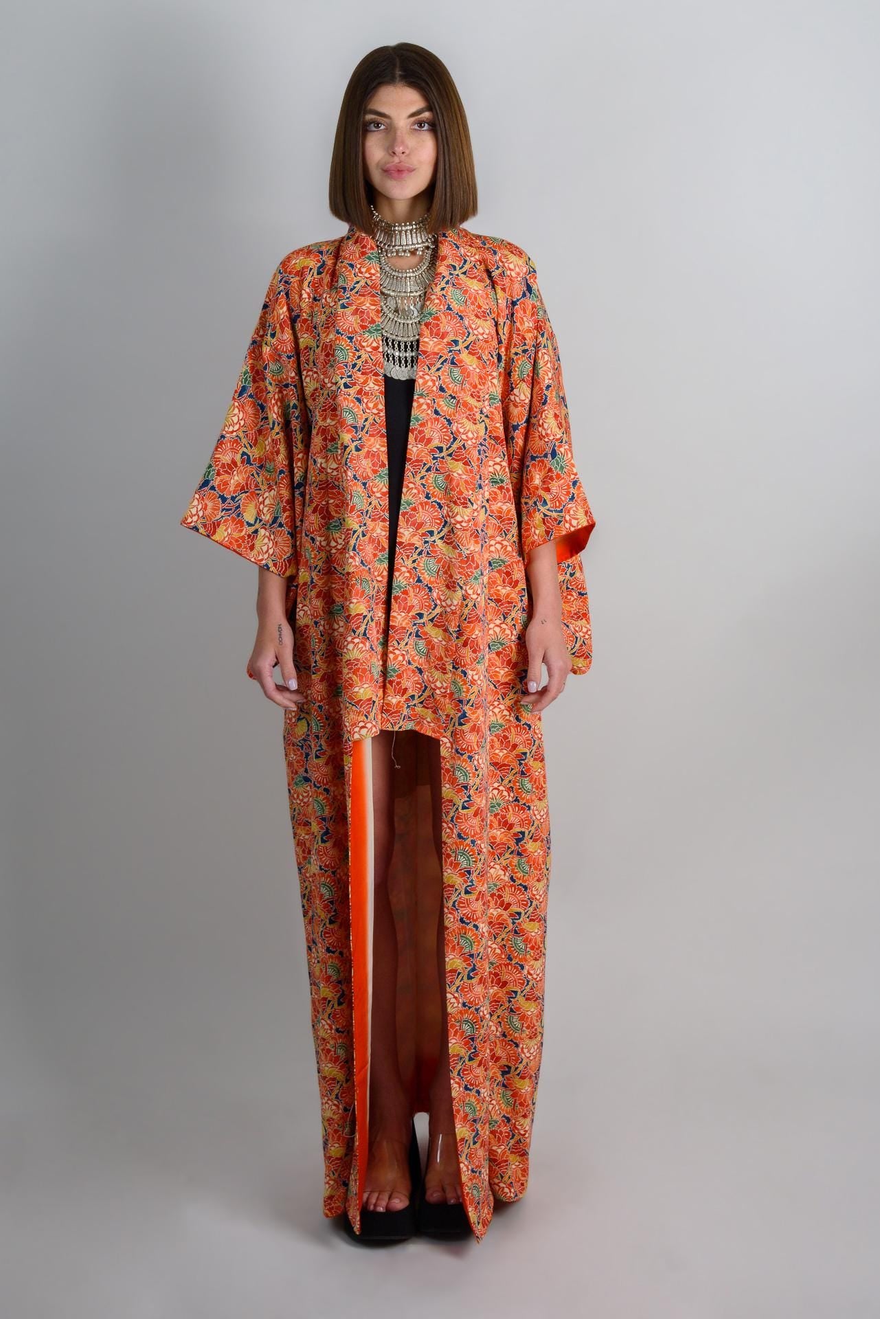 Handmade Silk Kimono | Japanese Floral Robe, Vibrant Orange