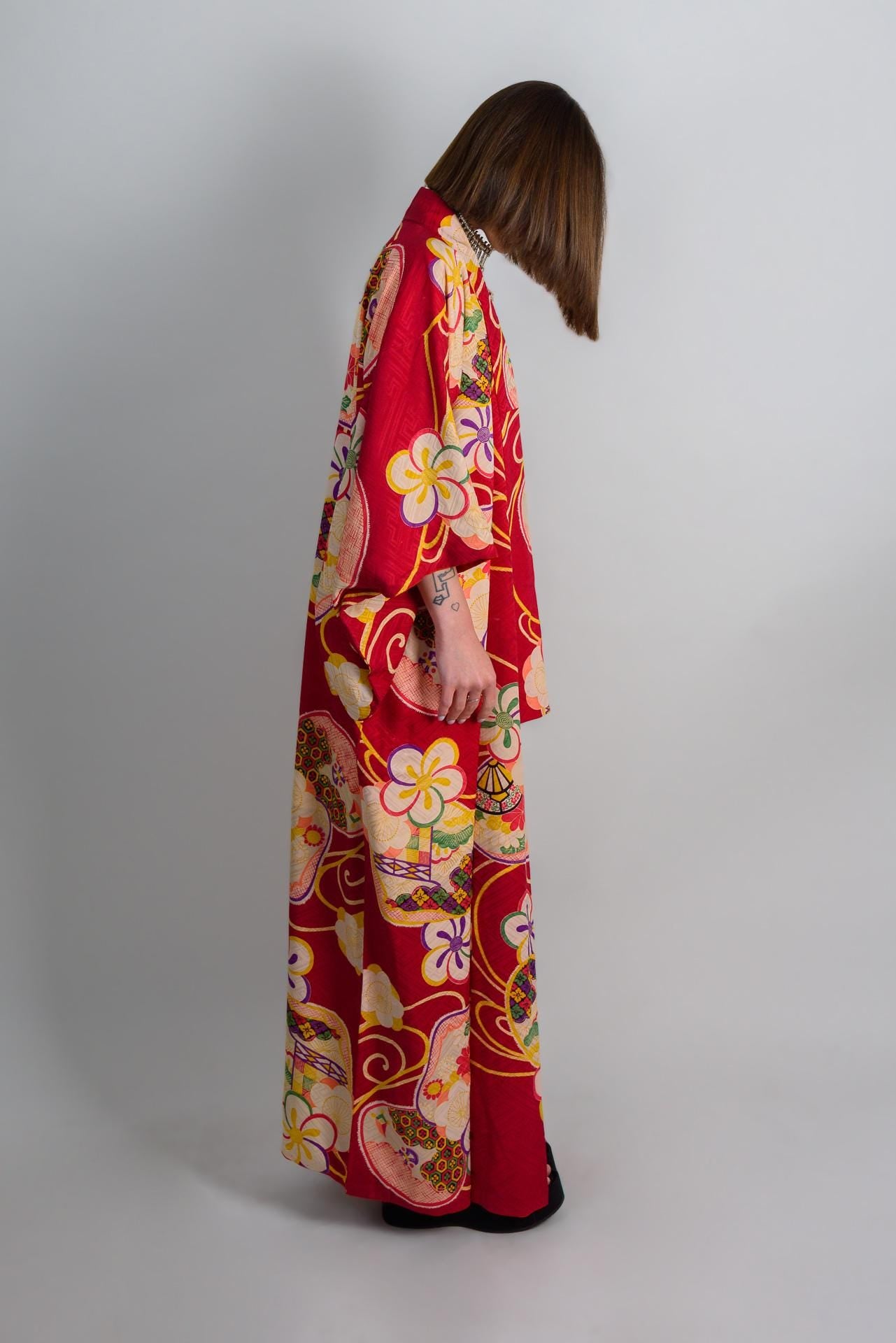 Handmade Silk Kimono: Crimson Floral Print, Japanese Boho Robe