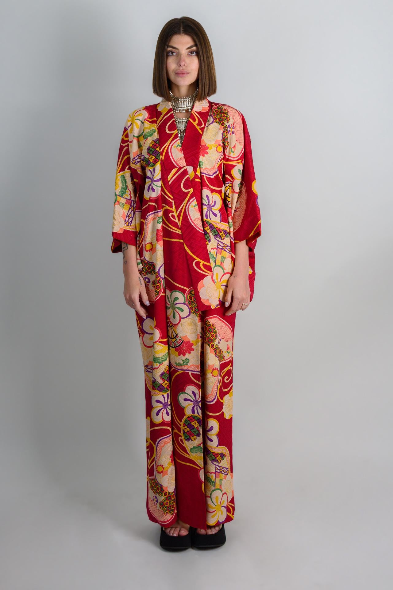 Handmade Silk Kimono: Crimson Floral Print, Japanese Boho Robe