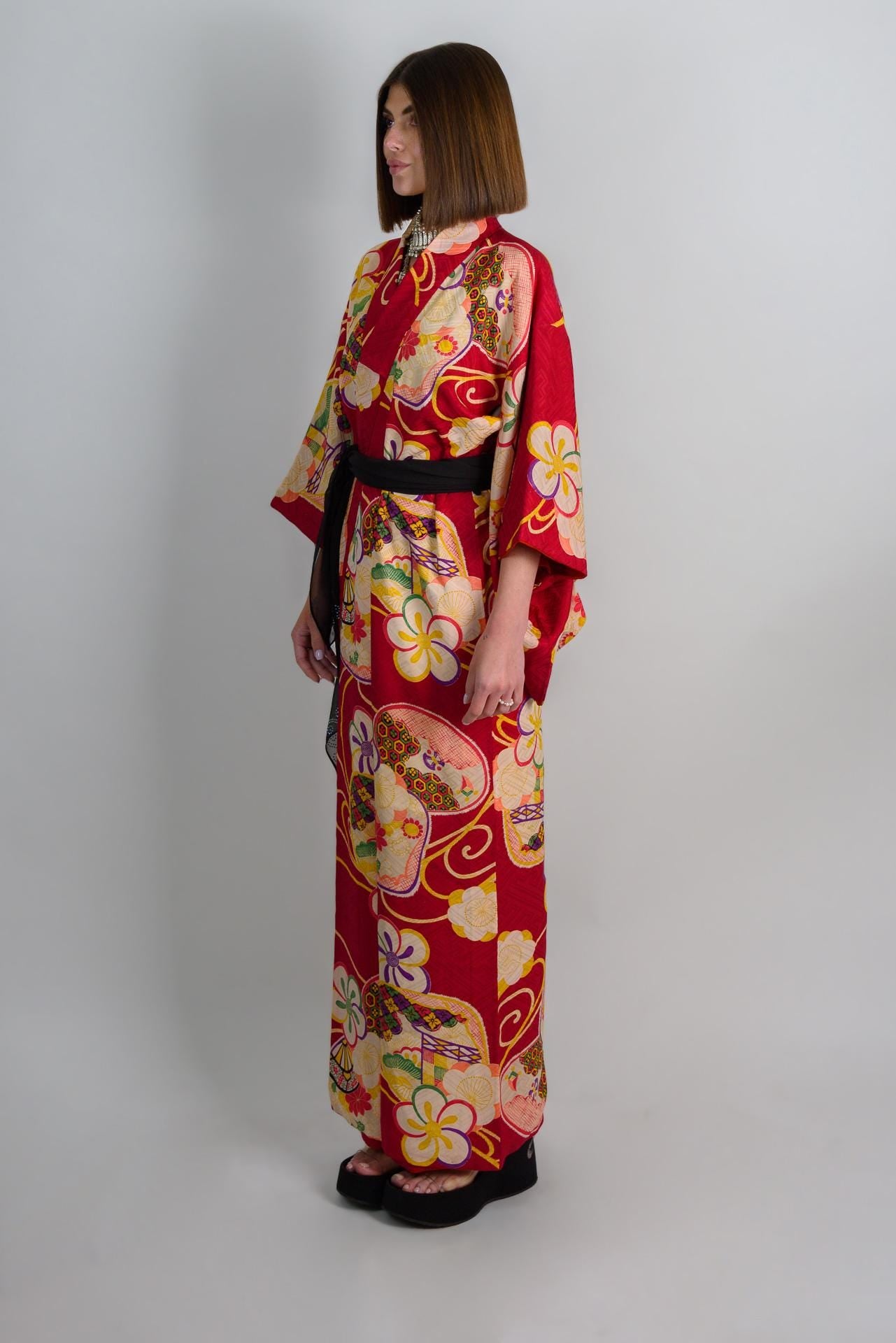 Handmade Silk Kimono: Crimson Floral Print, Japanese Boho Robe