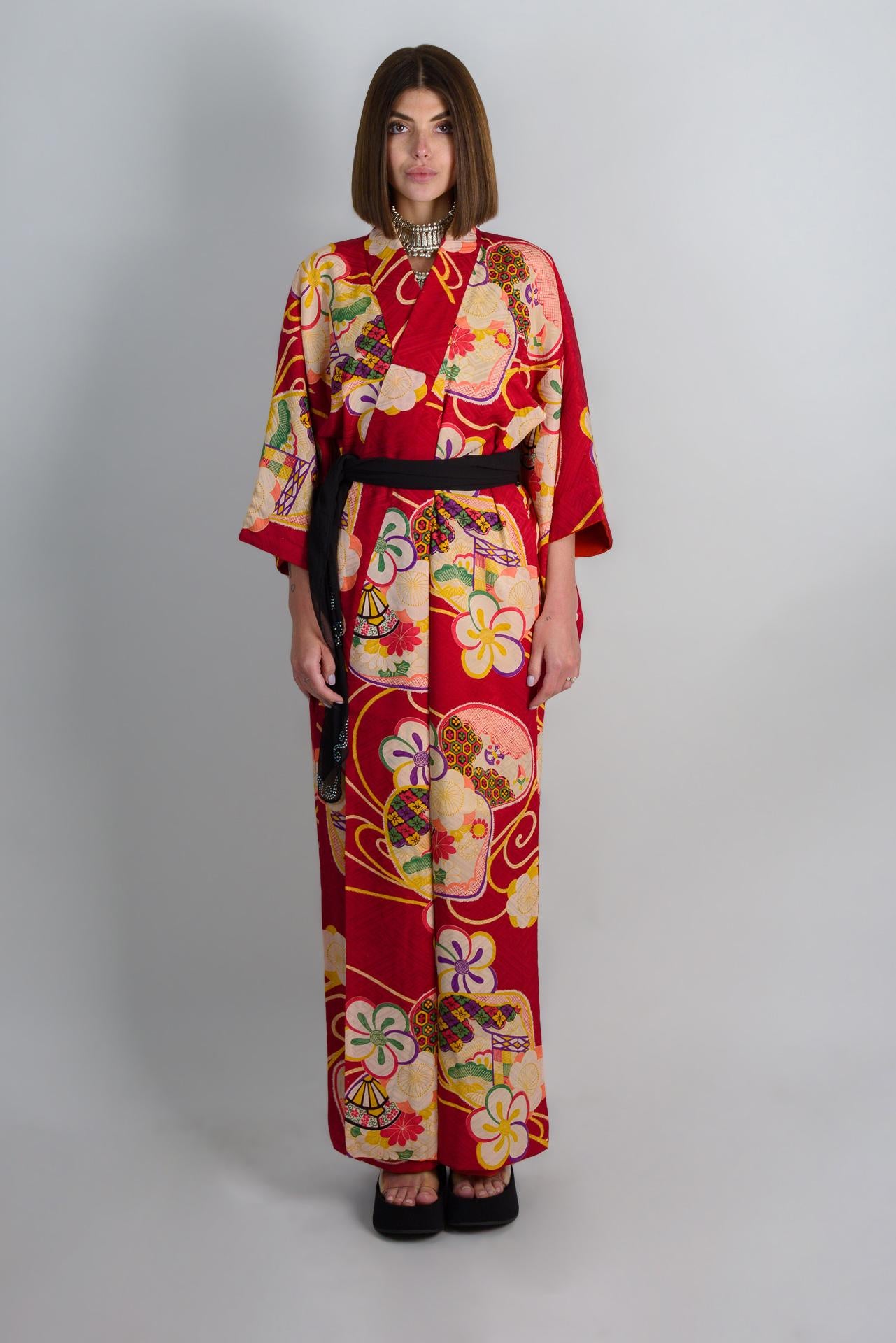 Handmade Silk Kimono: Crimson Floral Print, Japanese Boho Robe