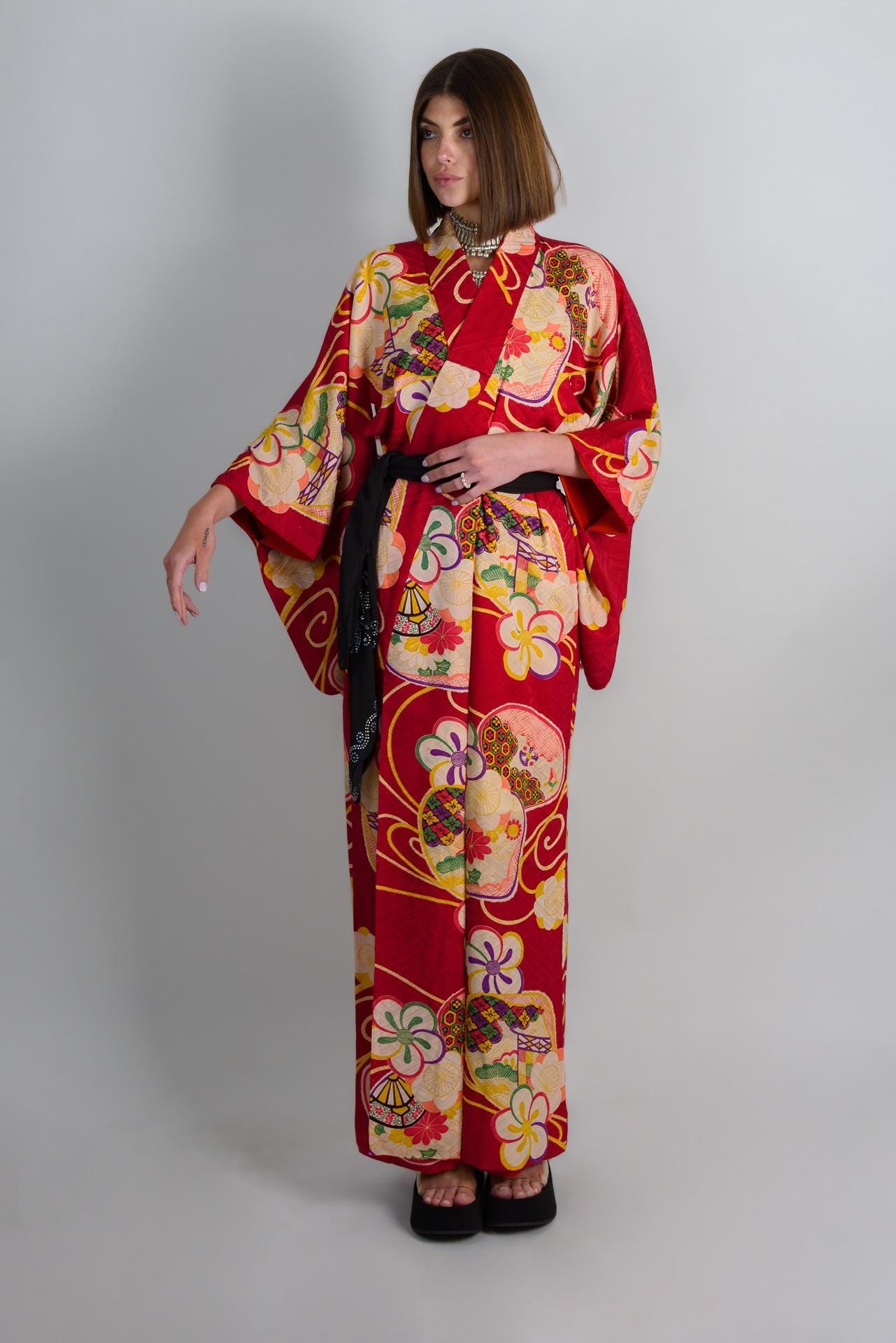 Handmade Silk Kimono: Crimson Floral Print, Japanese Boho Robe