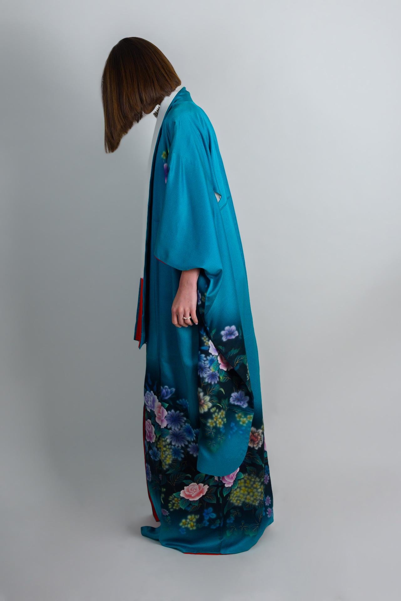 Handmade Silk Kimono Robe: Japanese Floral Print, Teal Boho Fashion