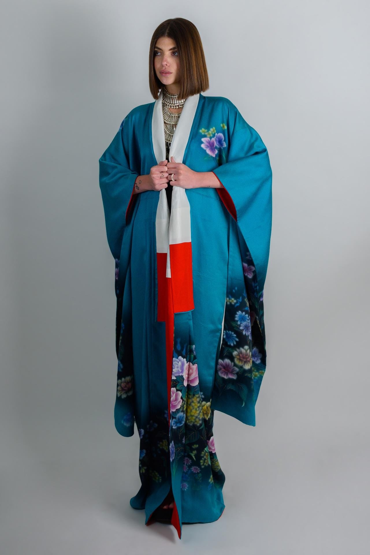 Handmade Silk Kimono Robe: Japanese Floral Print, Teal Boho Fashion