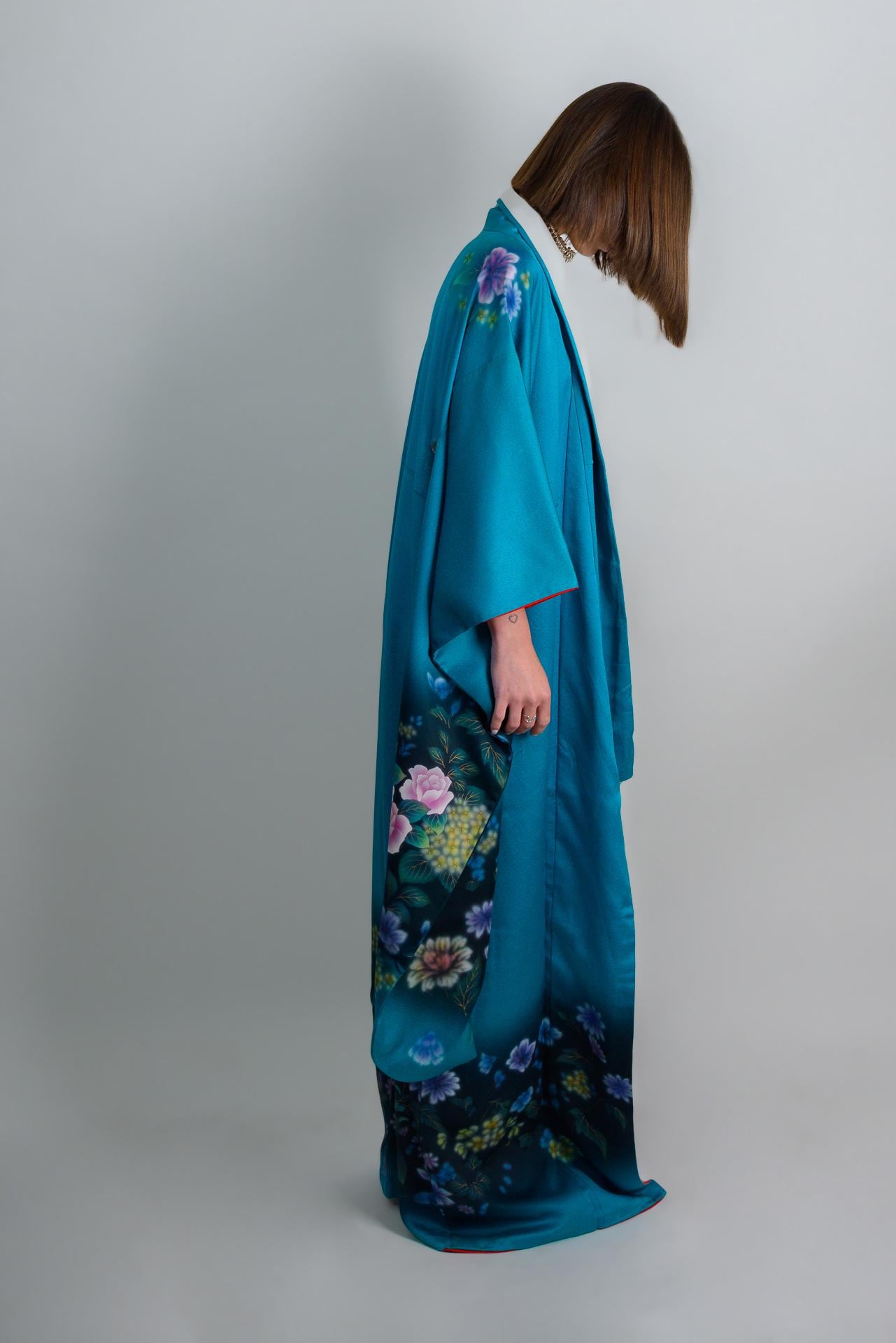 Handmade Silk Kimono Robe: Japanese Floral Print, Teal Boho Fashion