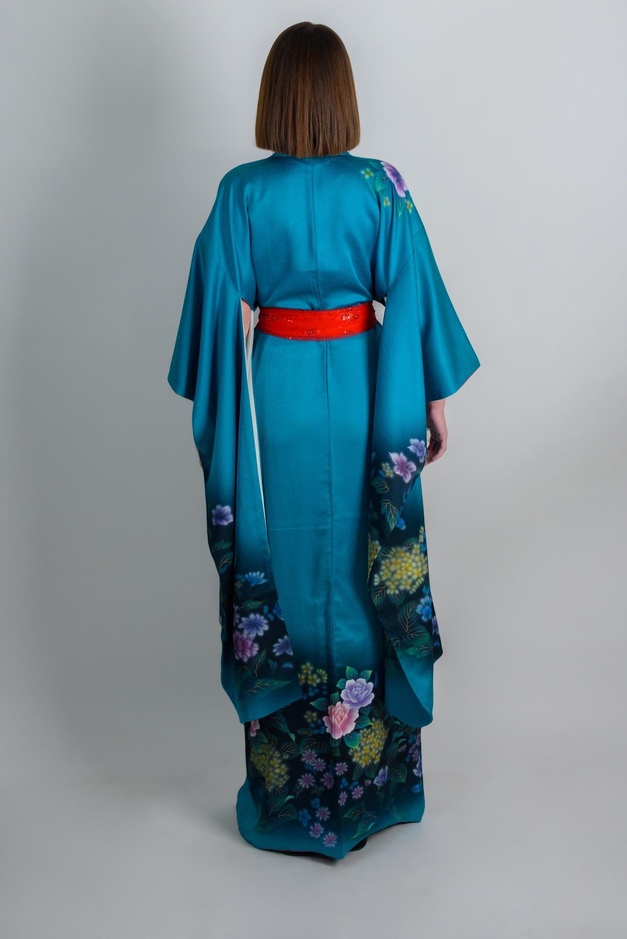 Handmade Silk Kimono Robe: Japanese Floral Print, Teal Boho Fashion