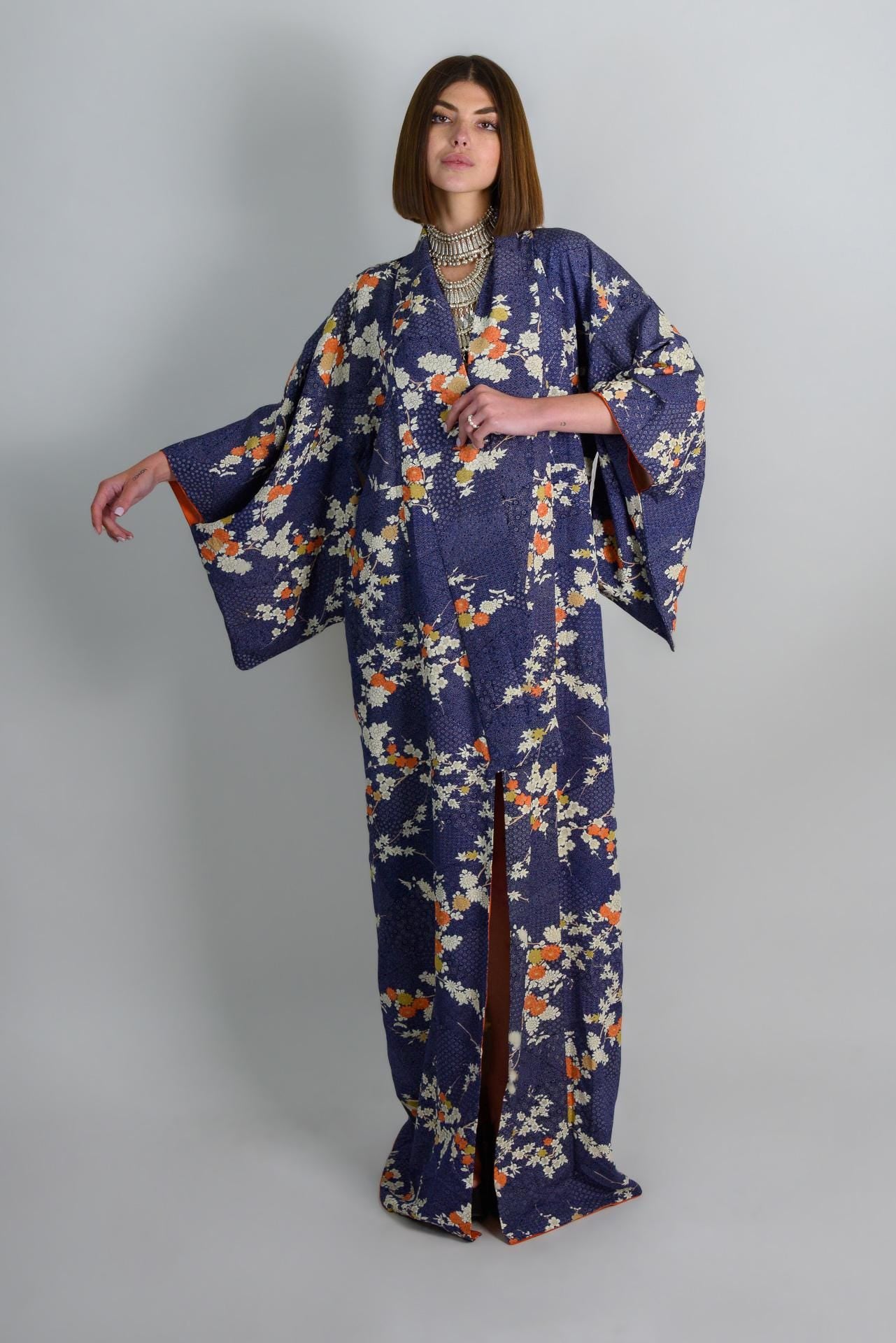 Silk Kimono Robe: Indigo Chrysanthemum Floral, Handmade Japanese Fashion