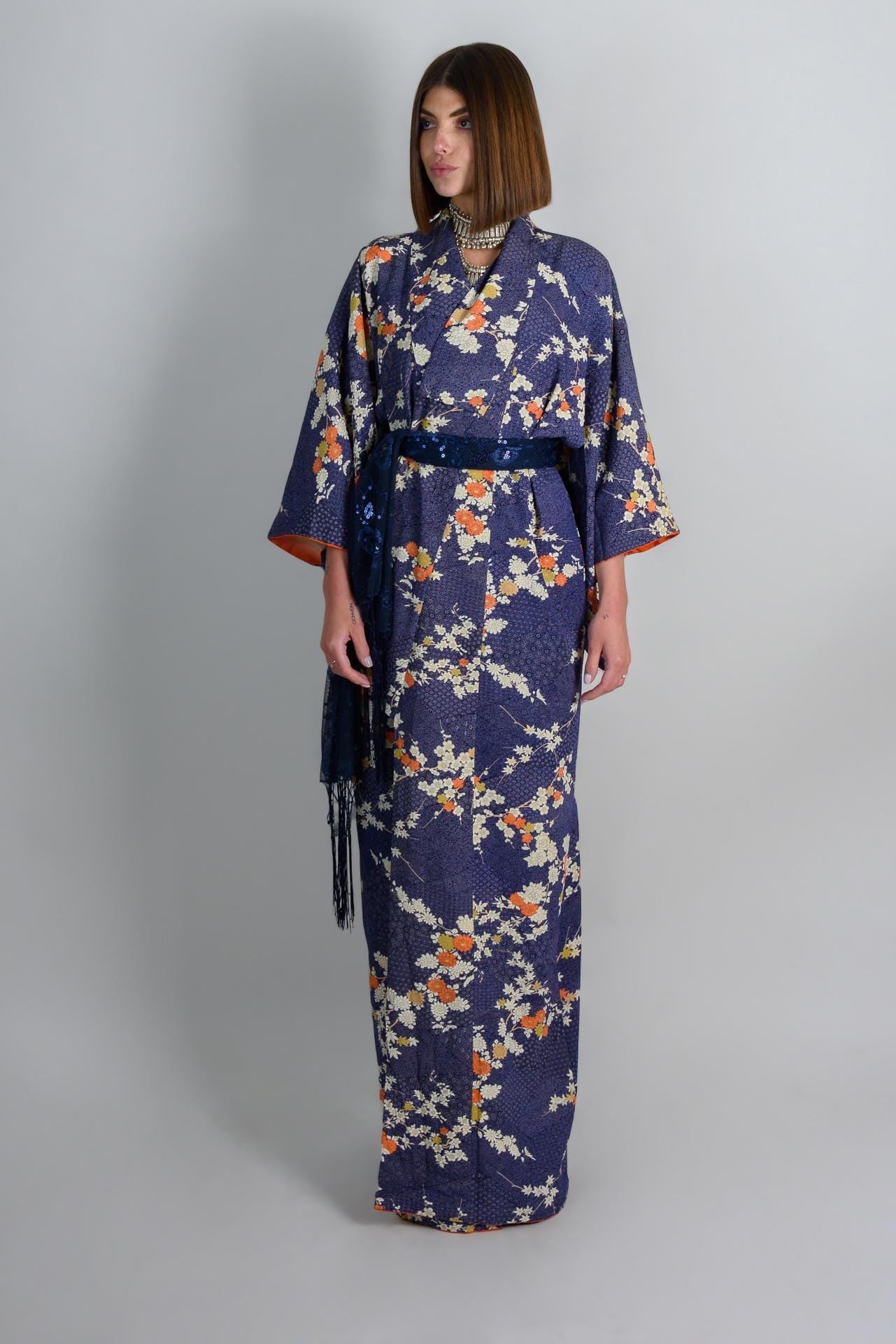 Silk Kimono Robe: Indigo Chrysanthemum Floral, Handmade Japanese Fashion