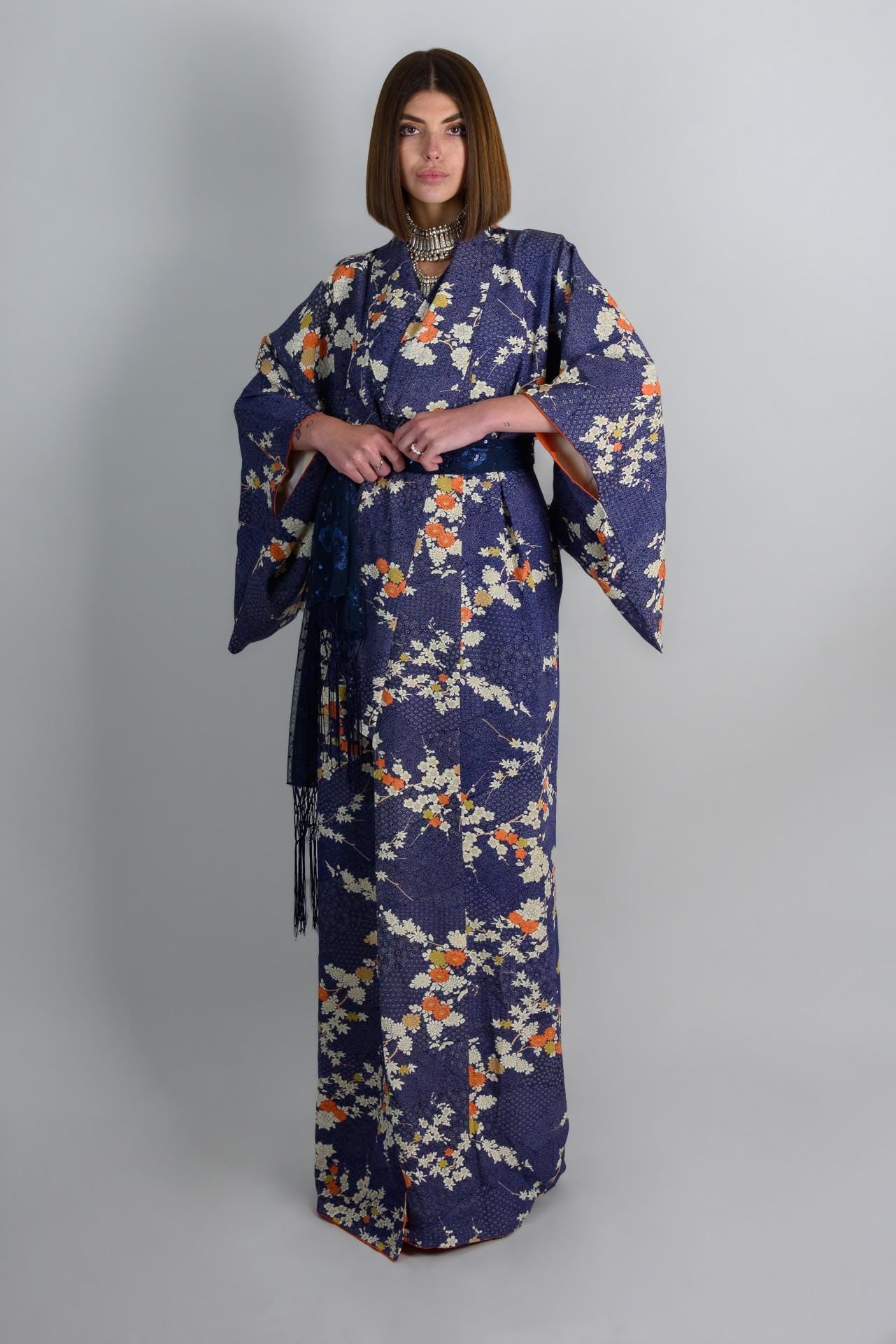 Silk Kimono Robe: Indigo Chrysanthemum Floral, Handmade Japanese Fashion