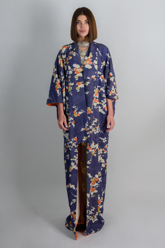 Silk Kimono Robe: Indigo Chrysanthemum Floral, Handmade Japanese Fashion