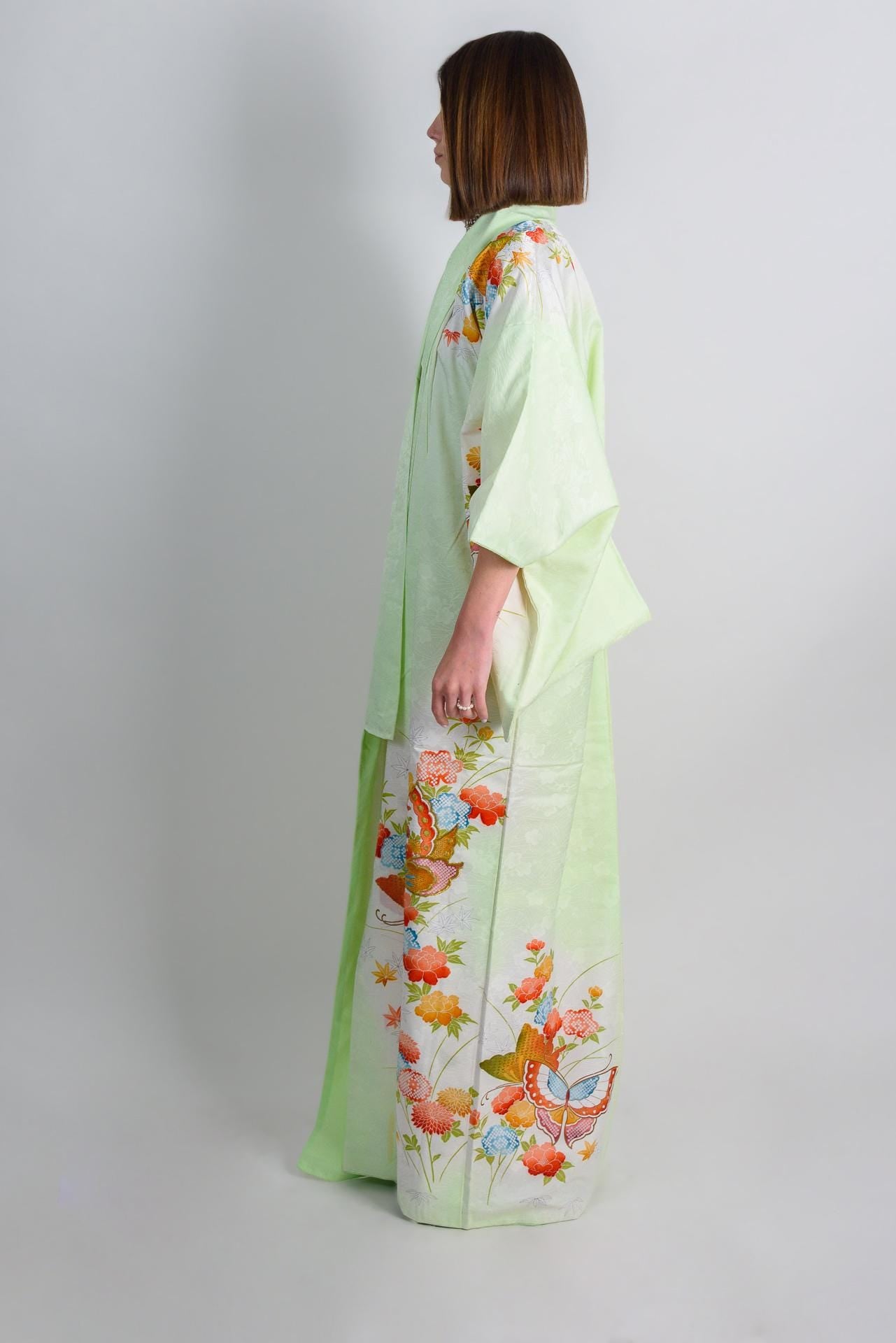 Handmade Japanese Silk Kimono | Mint Green Floral Robe