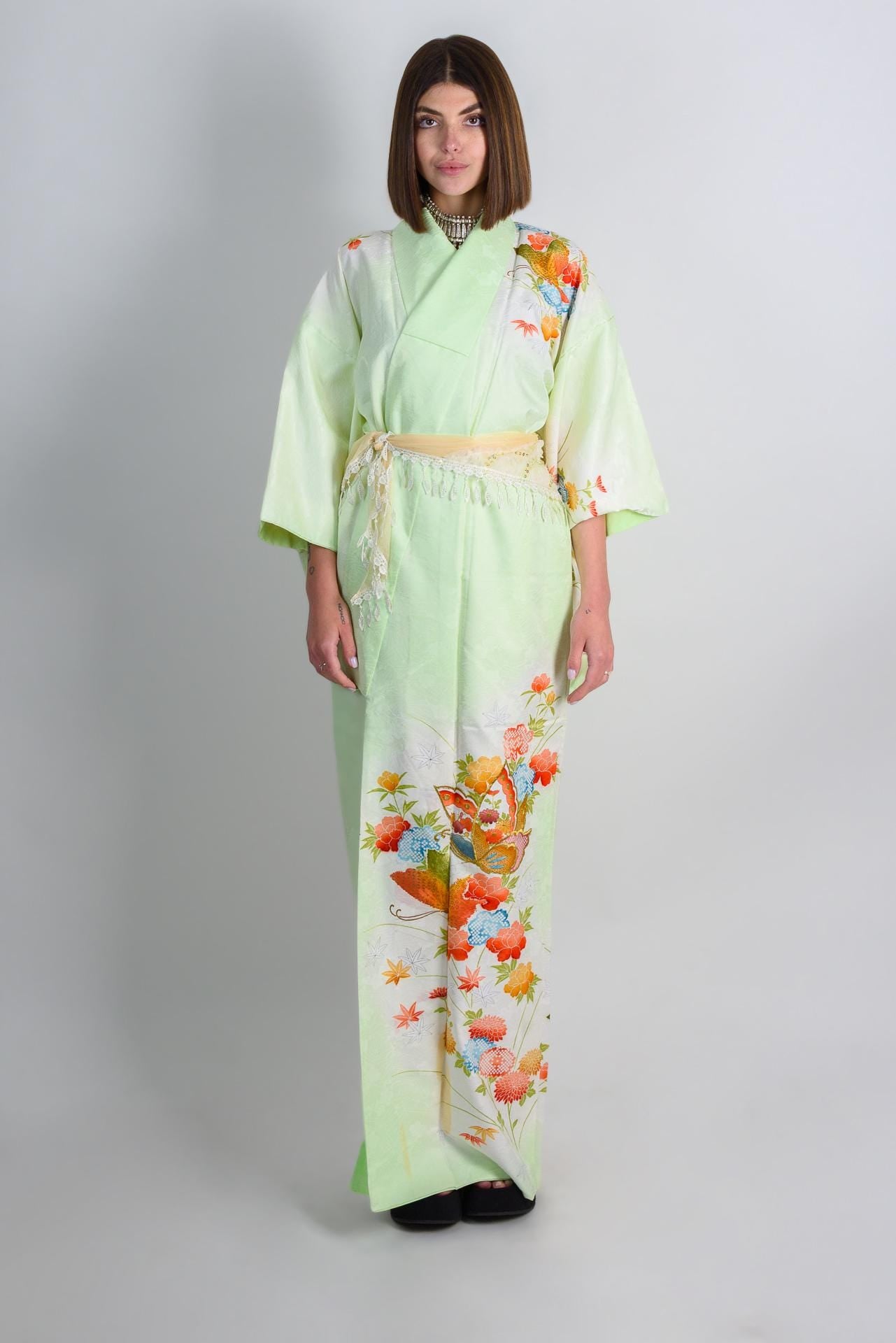 Handmade Japanese Silk Kimono | Mint Green Floral Robe