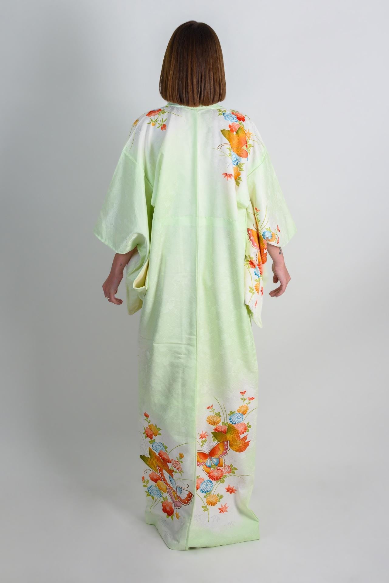 Handmade Japanese Silk Kimono | Mint Green Floral Robe
