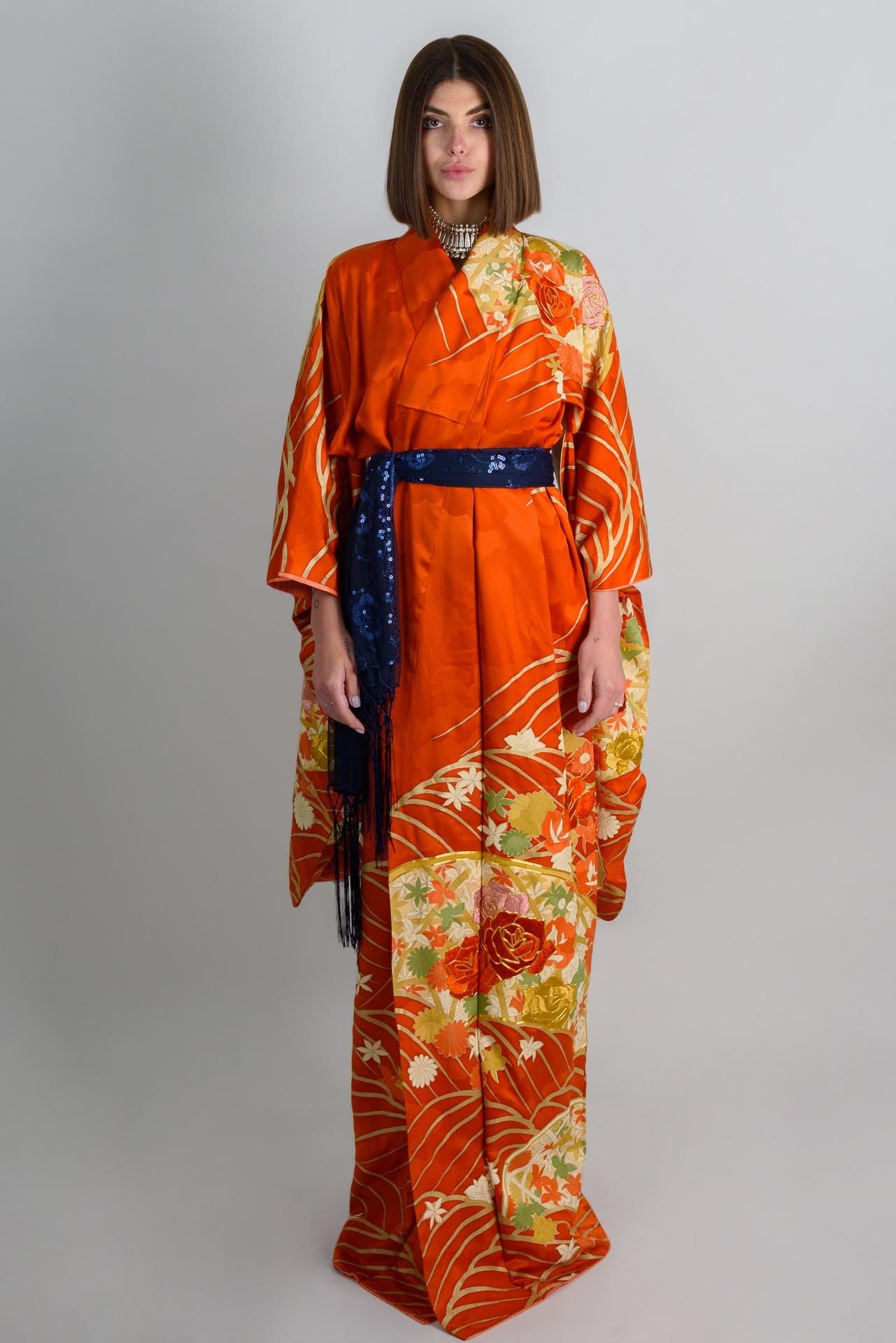Handmade Silk Kimono | Flame Orange Floral Japanese Robe
