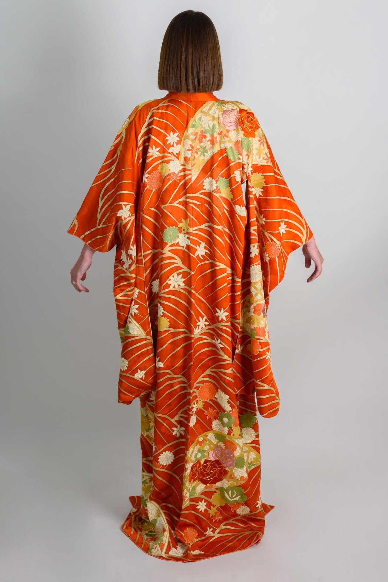Handmade Silk Kimono | Flame Orange Floral Japanese Robe