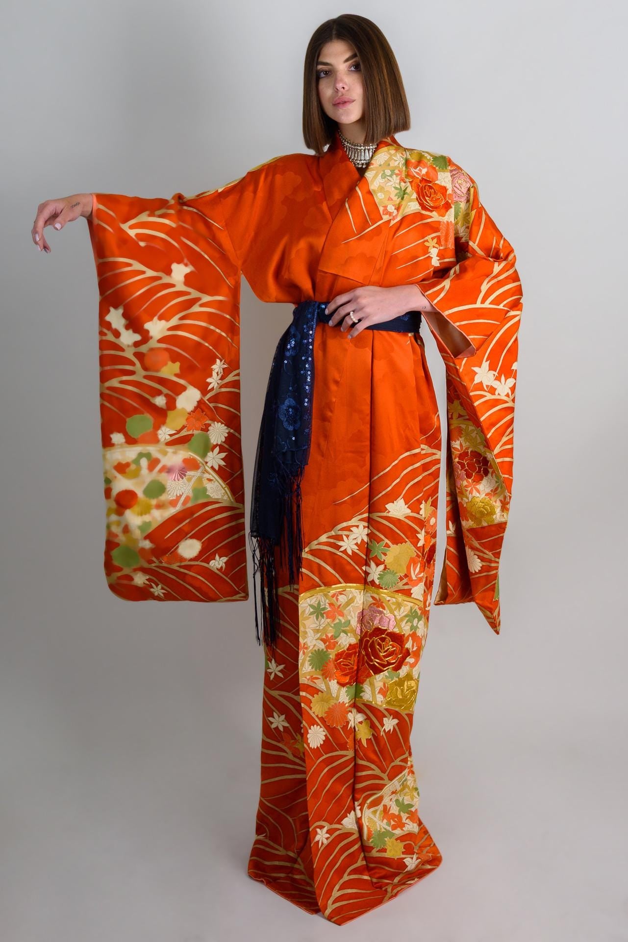 Handmade Silk Kimono | Flame Orange Floral Japanese Robe