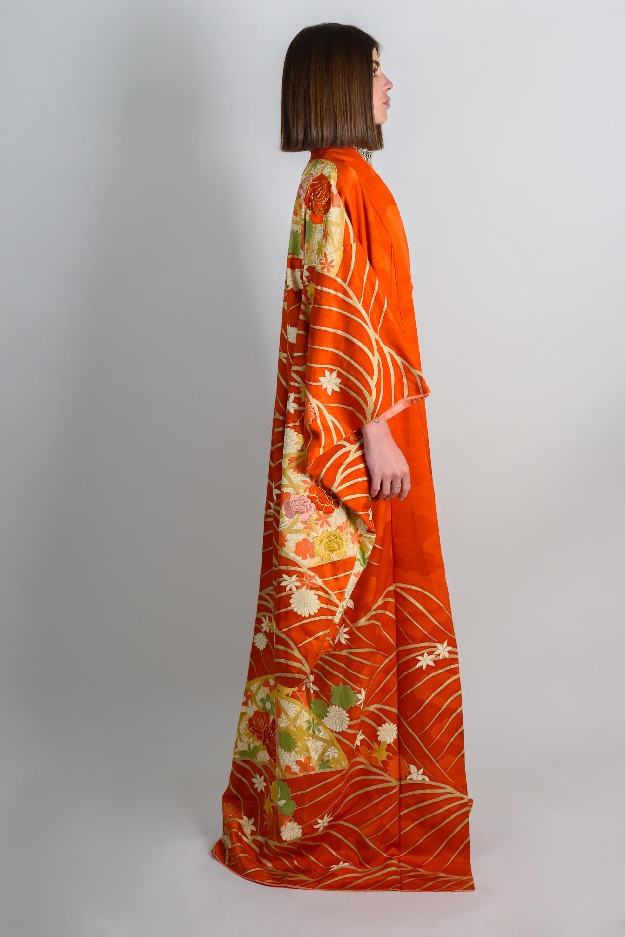 Handmade Silk Kimono | Flame Orange Floral Japanese Robe