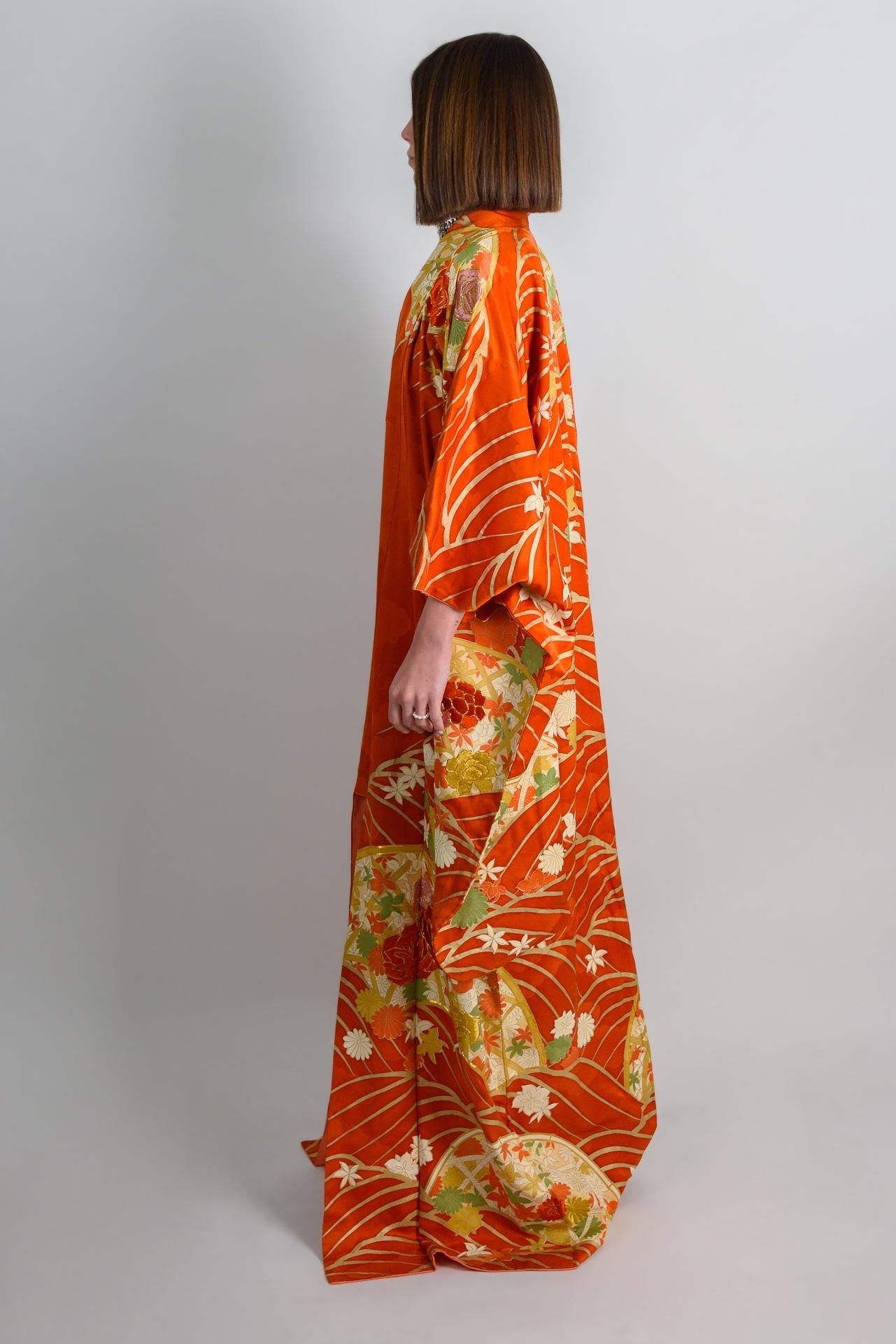 Handmade Silk Kimono | Flame Orange Floral Japanese Robe
