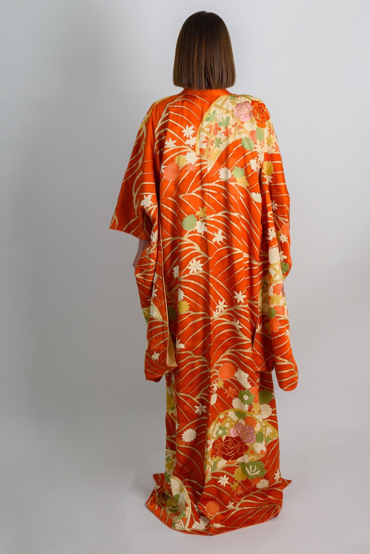 Handmade Silk Kimono | Flame Orange Floral Japanese Robe