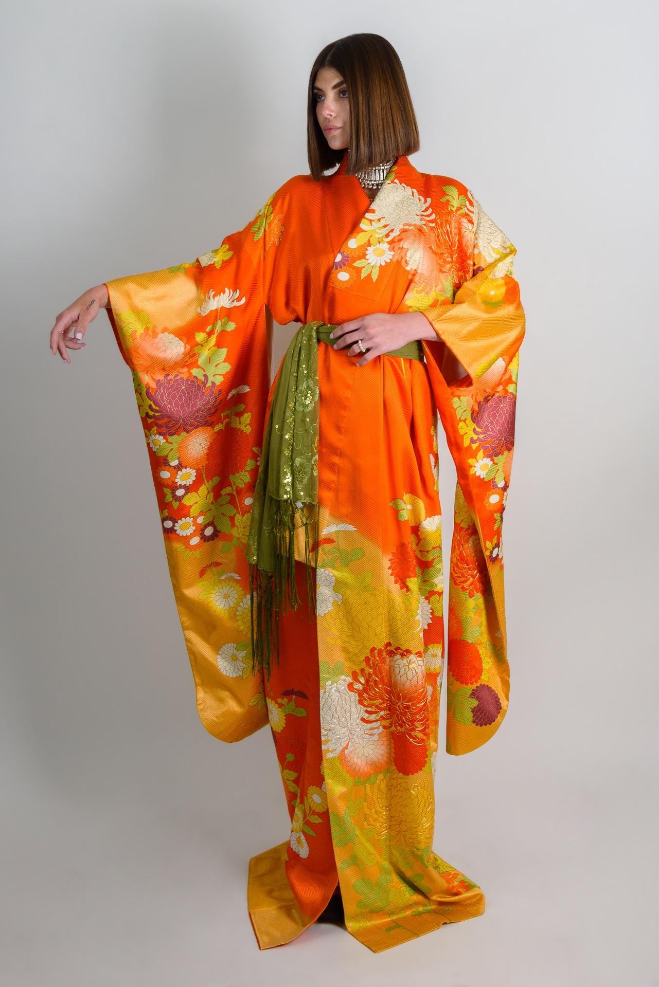 Silk Kimono Robe: Embroidered Chrysanthemums, Handmade Japanese Style
