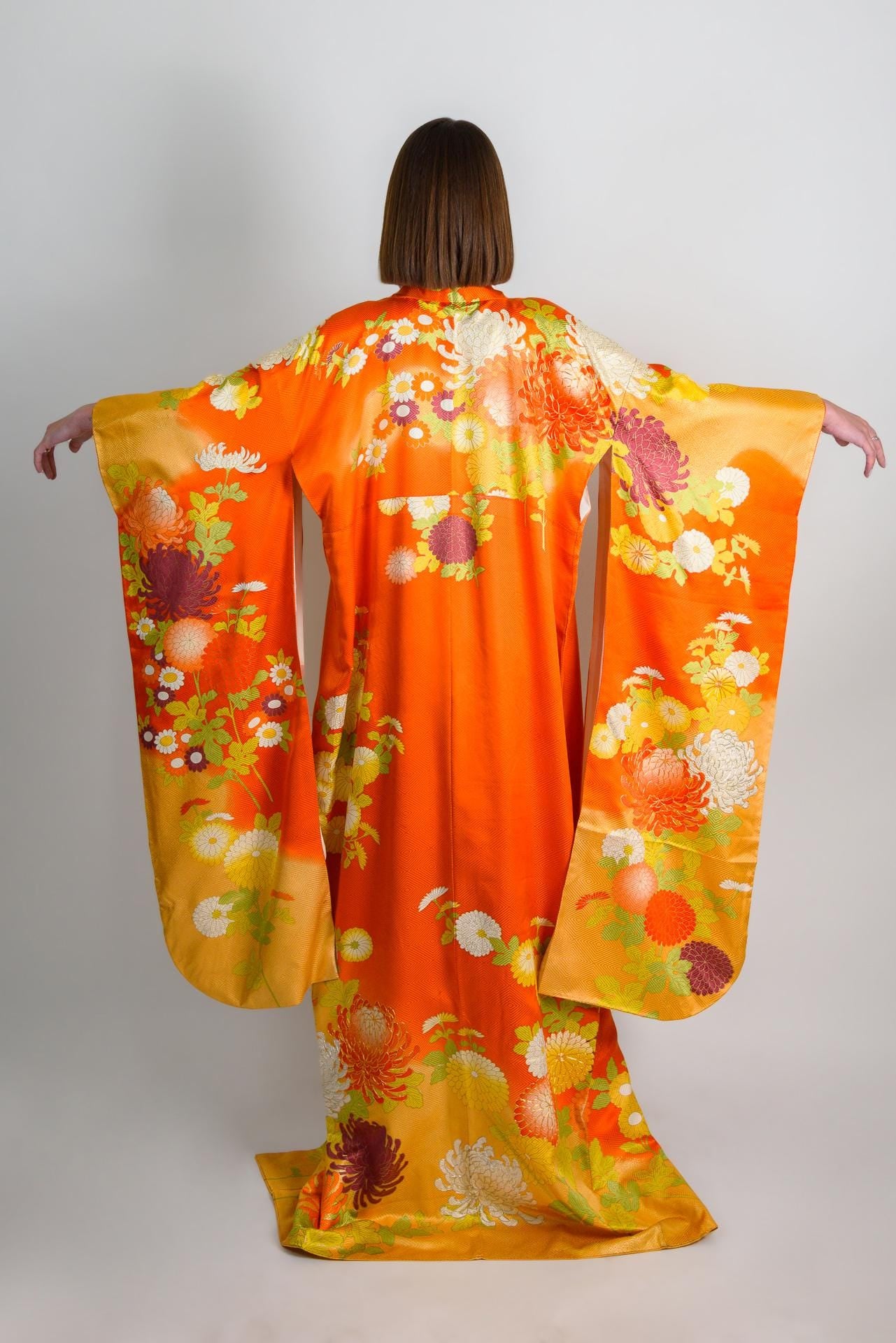 Silk Kimono Robe: Embroidered Chrysanthemums, Handmade Japanese Style