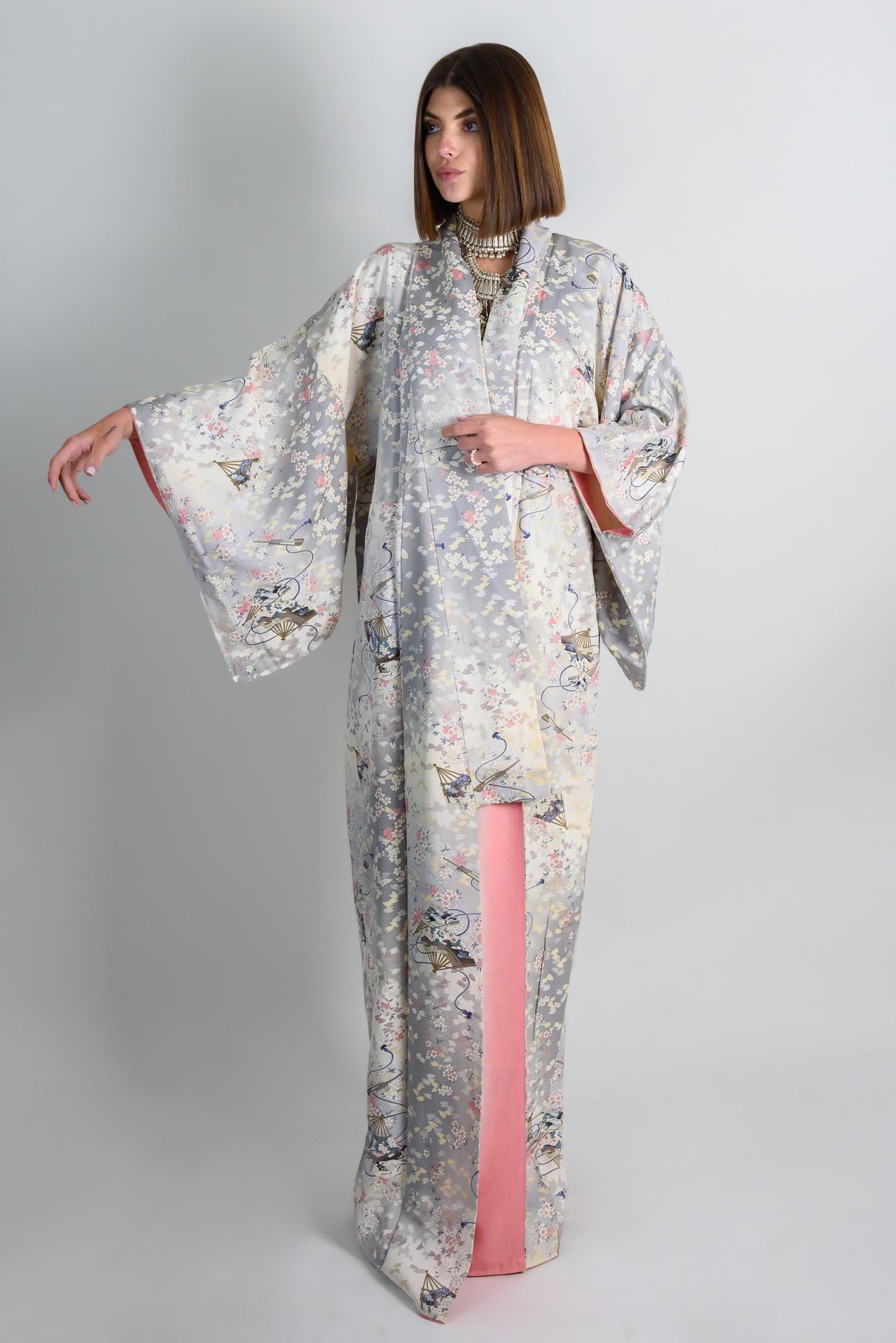 Handmade Silk Kimono | Floral Carriage Motif, Silver Gray Japanese Robe