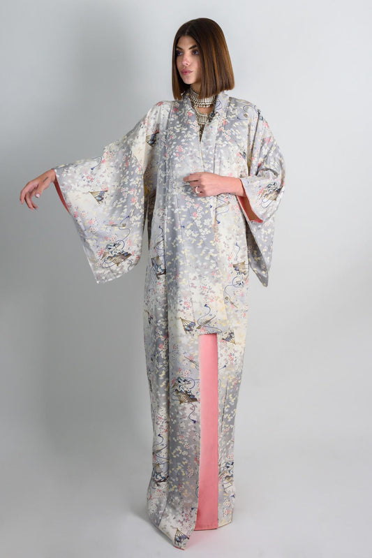 Handmade Silk Kimono | Floral Carriage Motif, Silver Gray Japanese Robe