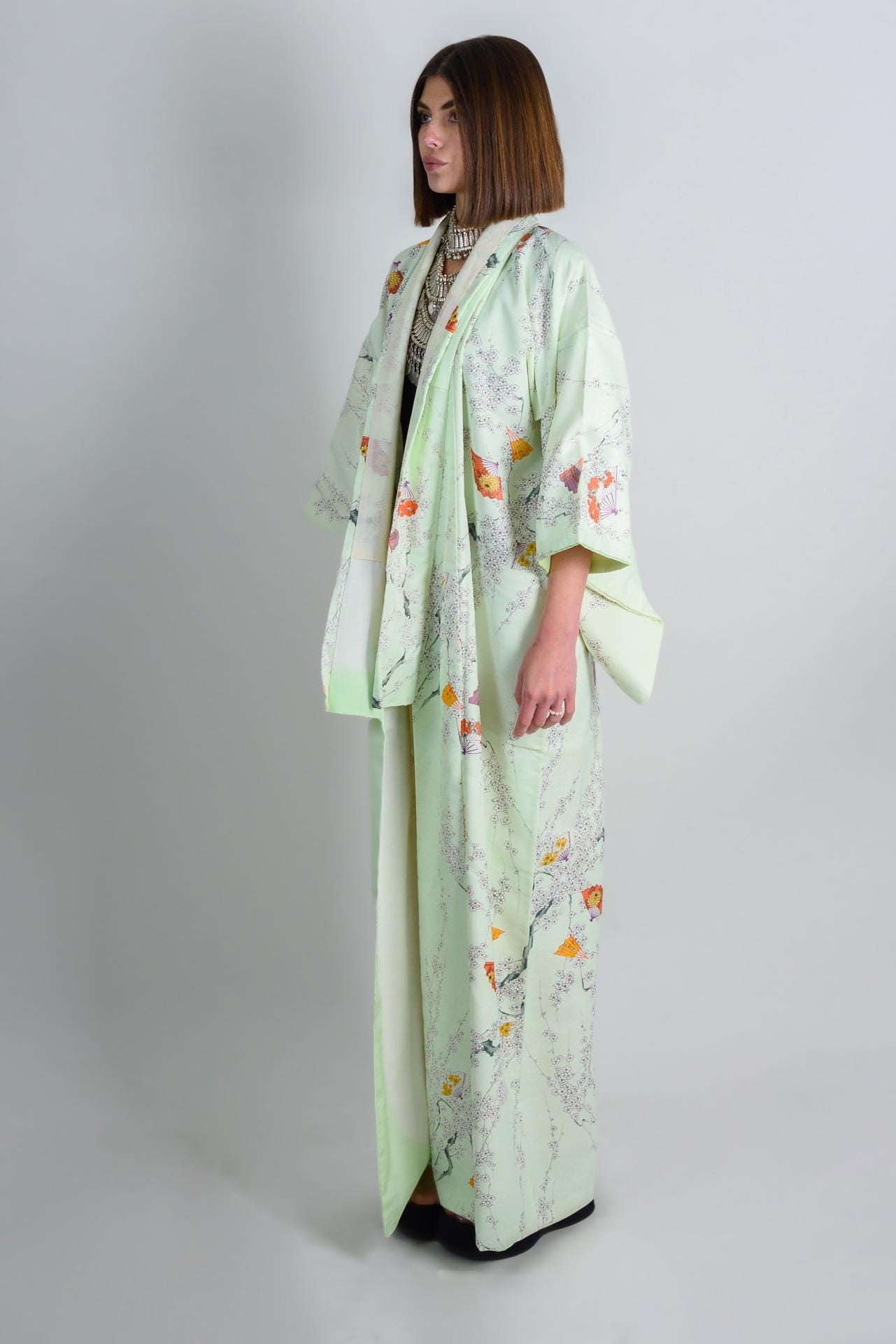 Mint Blossom Silk Kimono: Handmade Japanese Robe with Plum Blossom